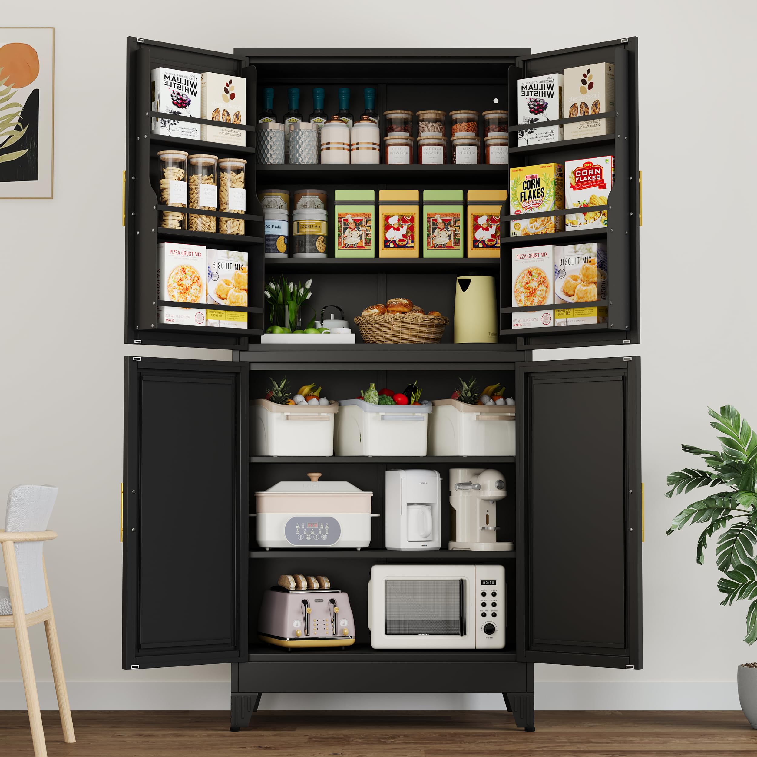 PAOFIN 75" H Metal Storage Cabinet, Pantry with 6 Door Shelves and 4 Adjustable Shelves, Leveling Foot for Kitchen, Living Room and Dinning Room, Black