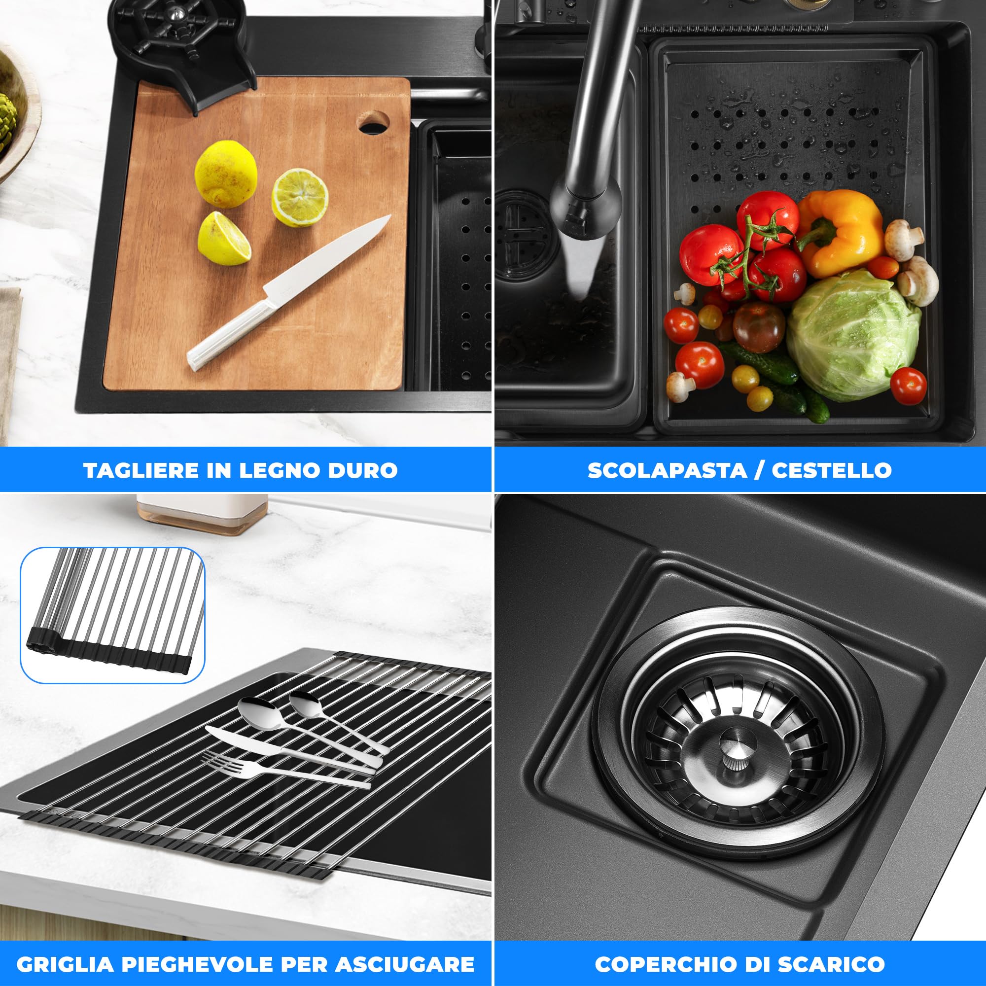 SereneLife Lavello Cucina 1 Vasca in Acciaio Inox Nero 75x46x22 cm, Lavandino Cucina con Scolapiatti, Cestello Filtro, Vassoio e Tagliere