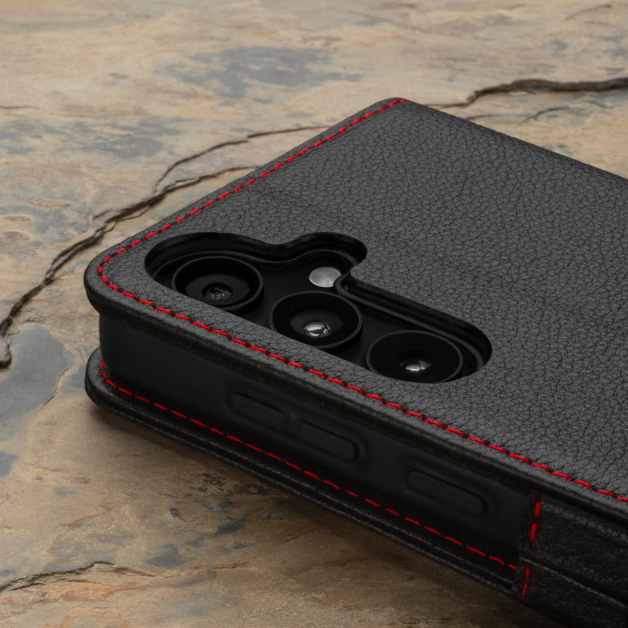 TORRO Custodia Compatibile con Samsung Galaxy S24+ Plus 5G – Custodia a Portafoglio in Pelle Premium con Cavalletto e Slot per Carte (Nero con dettaglio Rosso)