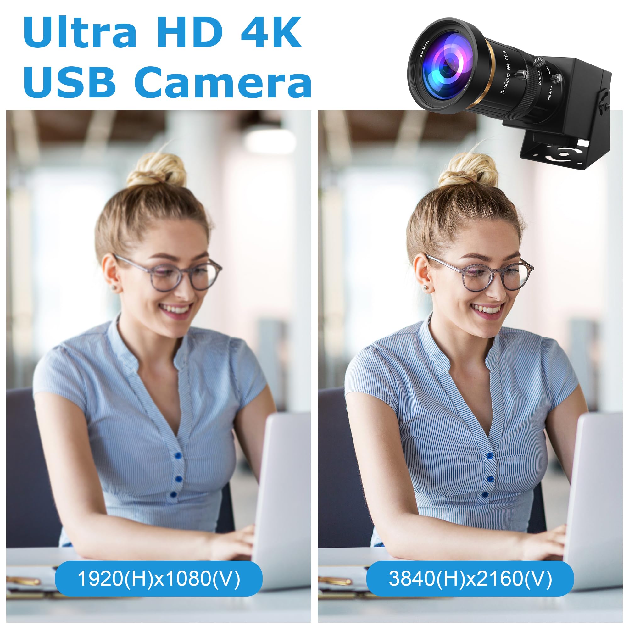 Cámara USB HDMI 4K, cámara USB 3.0 de alta velocidad de 60 fps con montura CS de 5 a 50 mm, lente teleobjetivo H.264 Zoom, cámara web para Windows Linux Android Mac OS