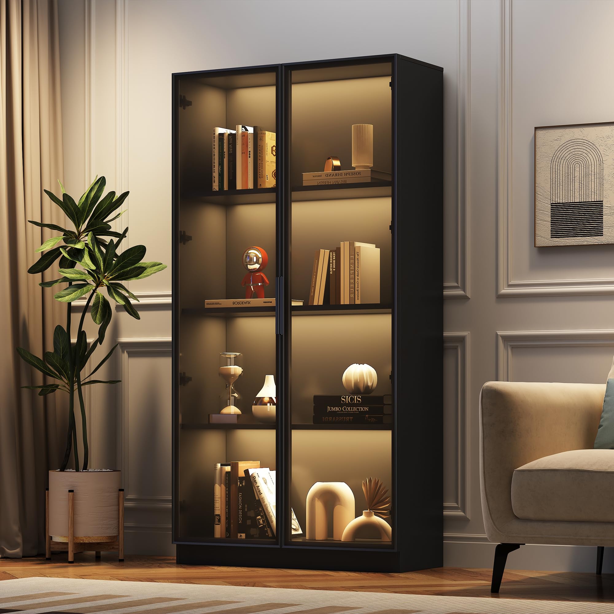 Kebnor Vitrina de cristal con aplicación de iluminación LED, vitrina de doble puerta con estantes móviles, 80 x 40 x 160 cm, armario alto para salón, vitrina de pie, armario de baño