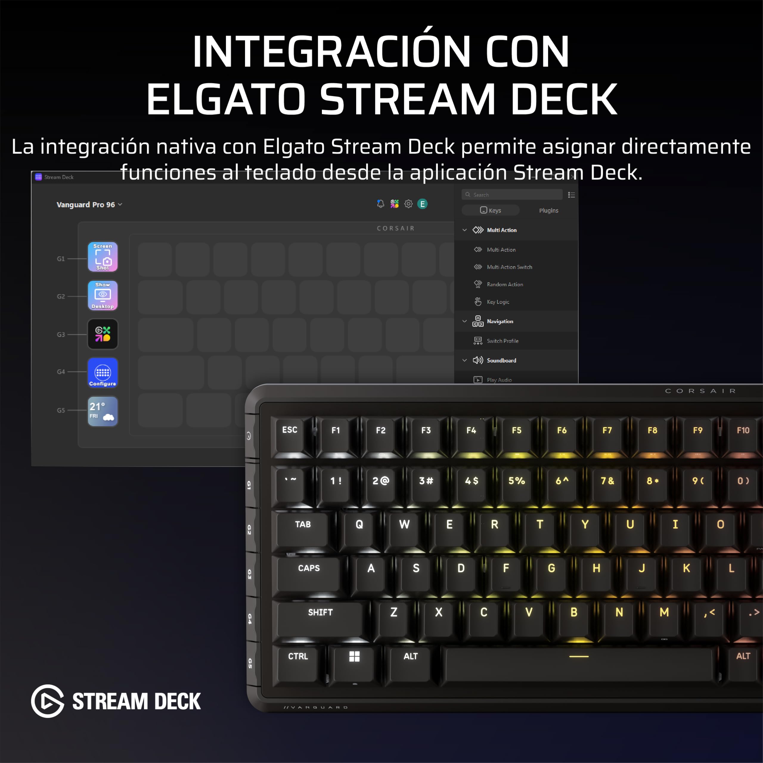 Corsair Vanguard Pro 96 Efecto Hall Teclado con Cable para Juegos - Negro | QWERTY ES, Formato 96%, MGX Hyperdrive Interruptores, 8 000 Hz, Rapid Trigger, Virtual Stream Deck, Flashtap SOCD