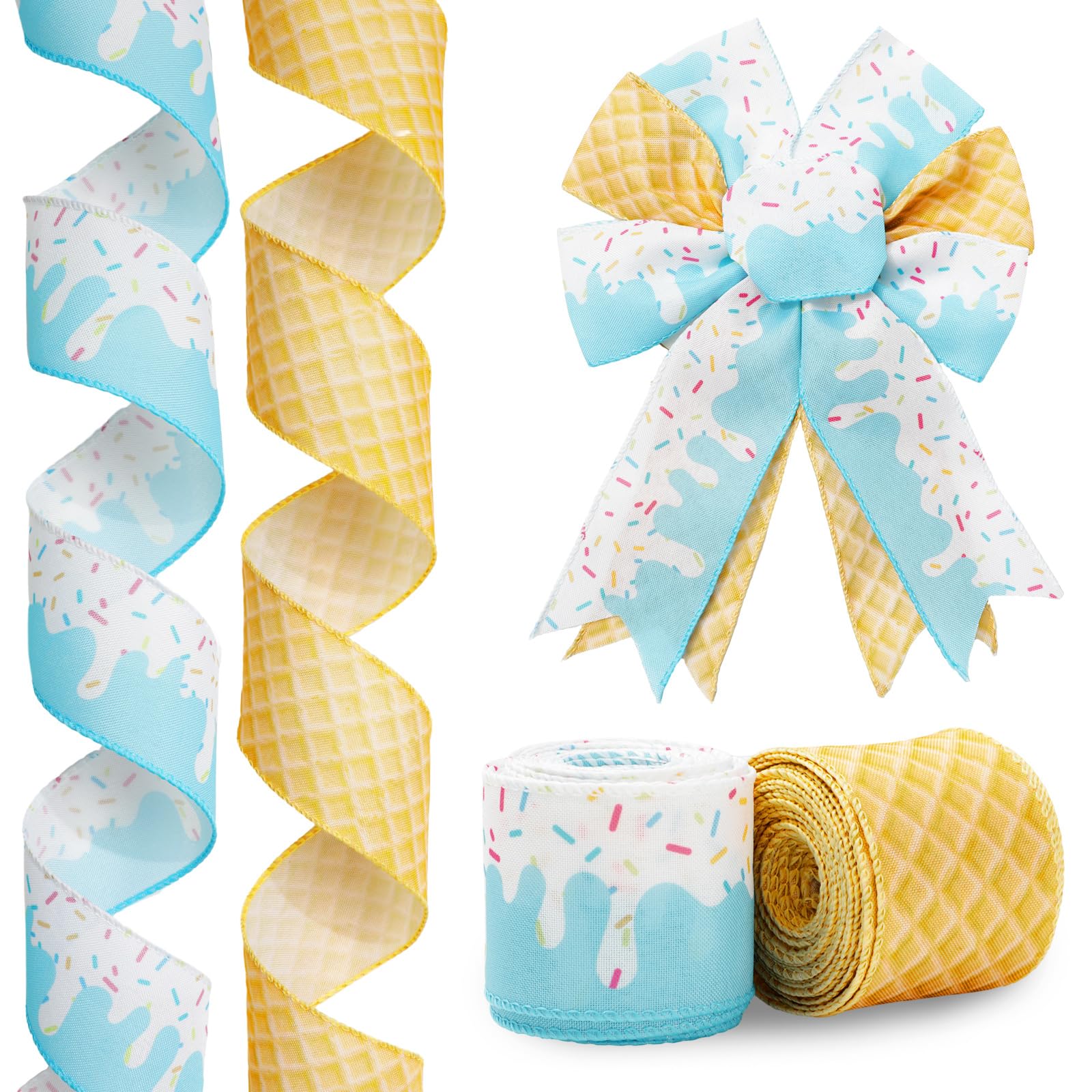 JarThenaAMCS Ice Cream Cone Wired Edge Ribbon Blue Sprinkle Craft Fabric Ribbon for Summer Wreath Bow DIY Wrapping Party Decor, 2 Rolls, 20 Yard