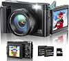 4K Digital Camera 48MP Autofocus Compact Digital Camera with 32GB Card, 3'' 180°Flip Screen 16X Digital Zoom Camera with 2 800 mAh Batteries for Beginners