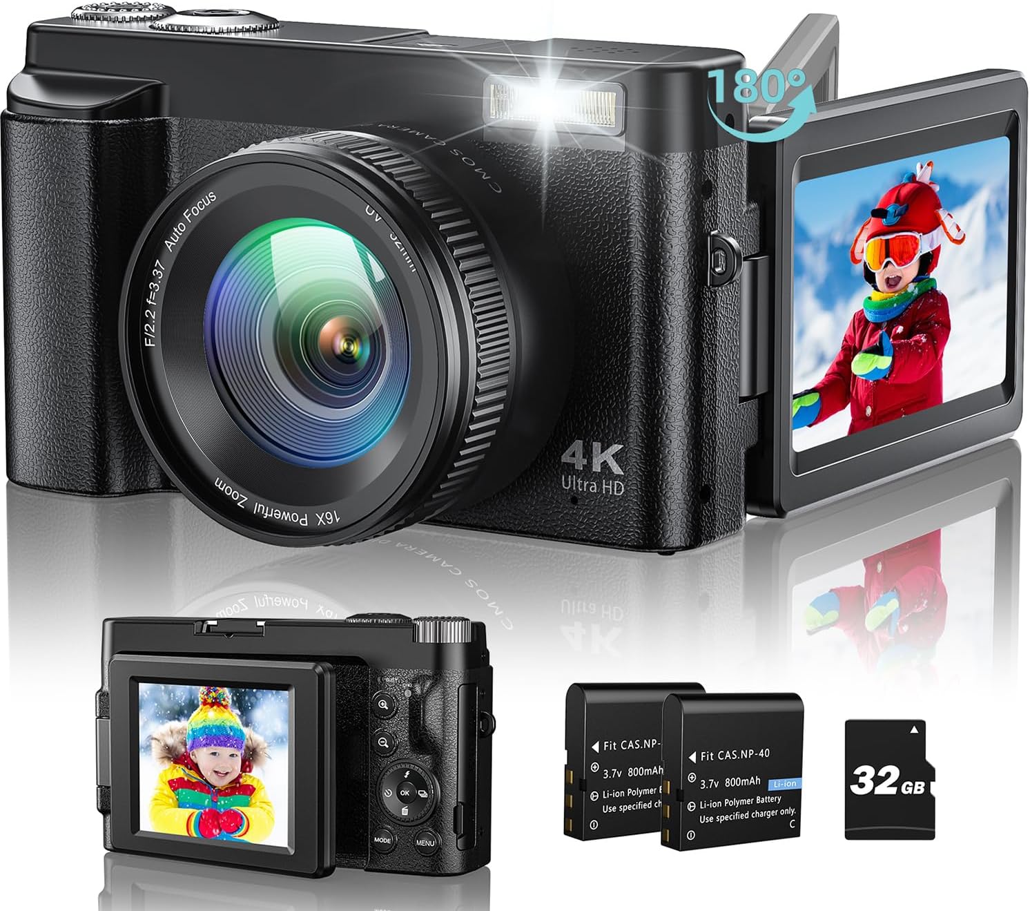 4K Digital Camera 48MP Autofocus Compact Digital Camera with 32GB Card, 3'' 180 Flip Screen 16X Digital Zoom Camera with 2 * 800 mAh Batteries for Beginners