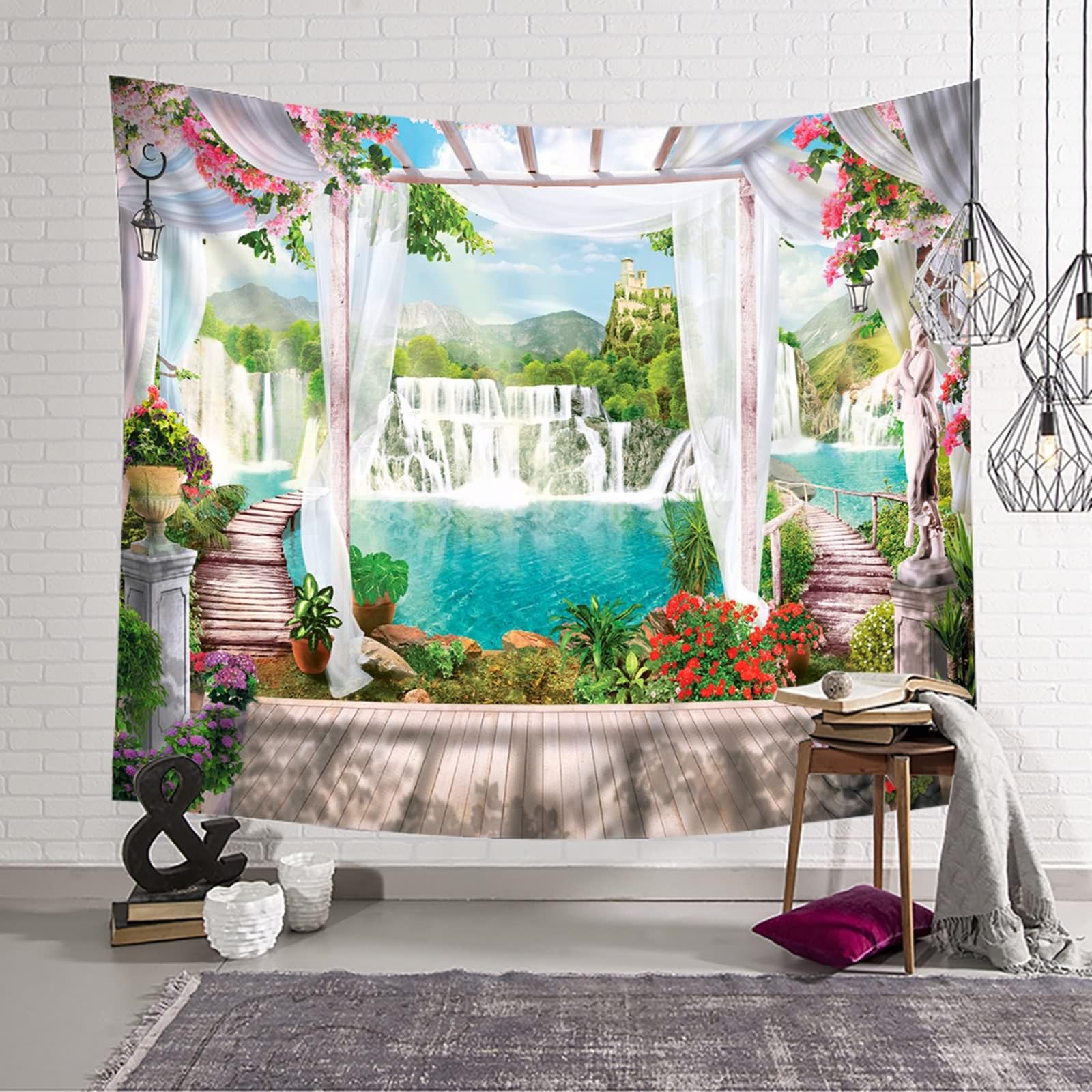 Tappeto Parete Soggiorno, Paesaggio del Padiglione della Cascata del Fiore Bianco Verde Decorazione da Parete per Camera da Letto, Soggiorno, 300x256cm