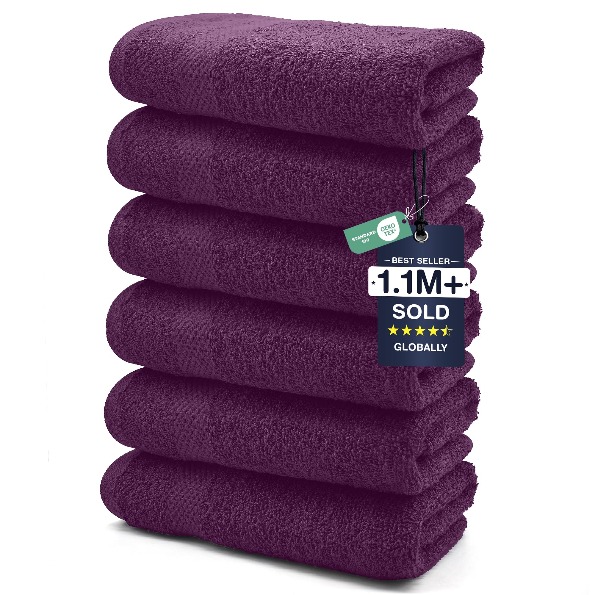DAN RIVER 6-Pack Premium Hand Towels (16x28 Inches) - 100% Cotton, Ultra Soft, Lightweight, Highly Absorbent Towels for Bathroom, Spa, Gym, Salon, Hotel, and Travel - Purple Passion