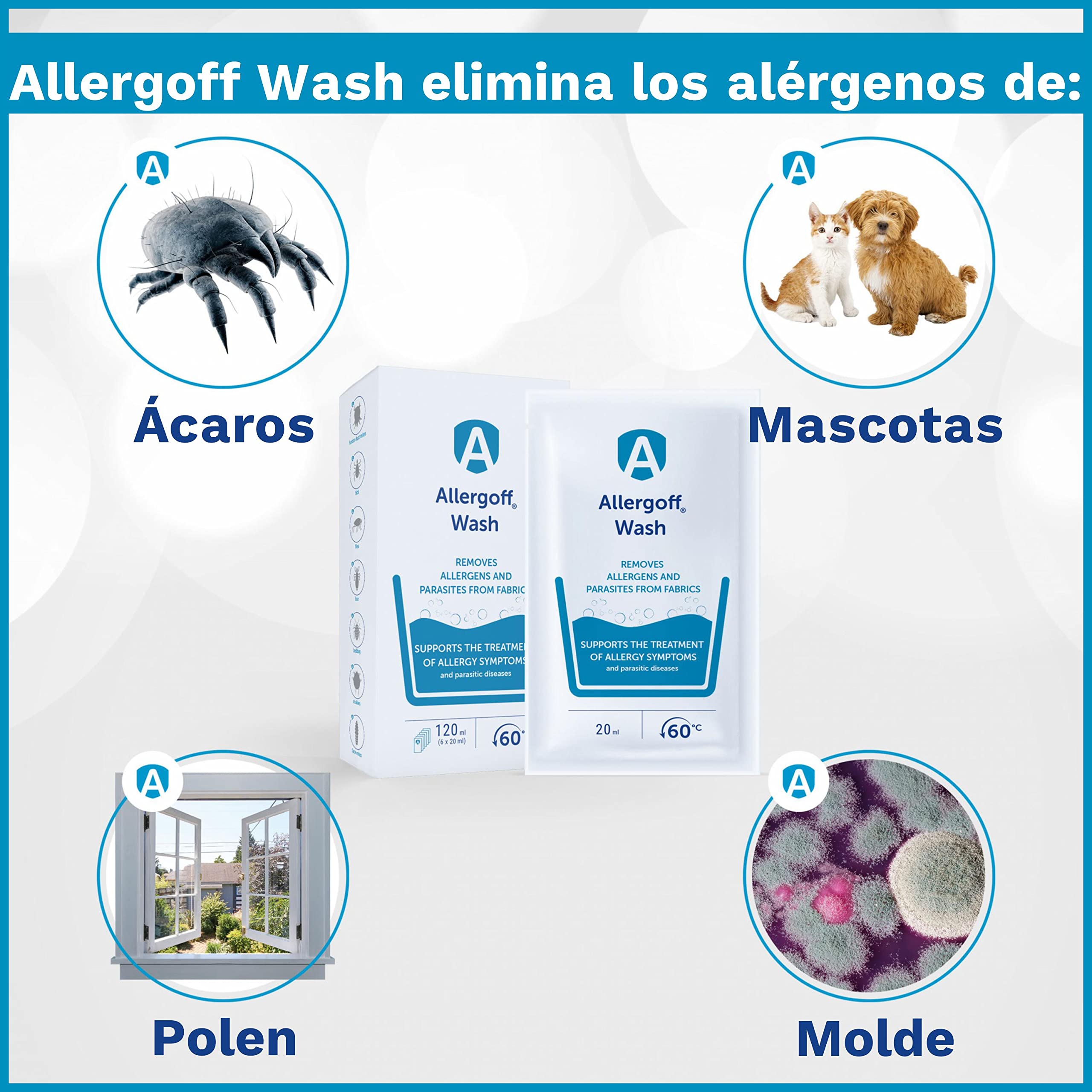 Allergoff Detergente para Ácaros, Pulgas, Piojos y Chinches - Aplicación Previo al Lavado - Complemento para Spray de Ácaros para Colchones (6 Gel de 20ml) (el empaque puede diferir)