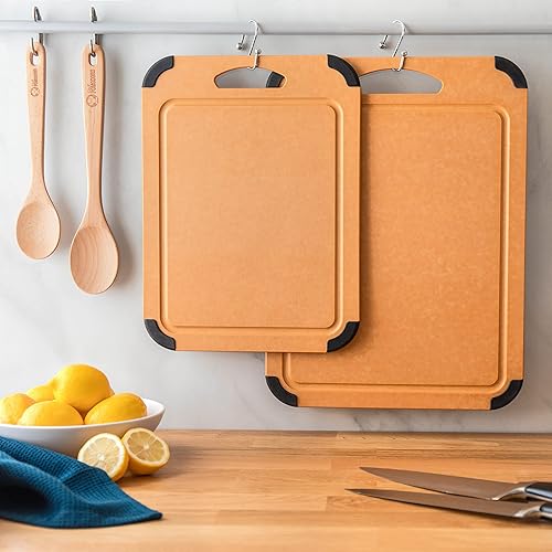 Miniatura 7 de Chef Pomodoro Tabla de cortar de madera para cocina, apta para lavavajillas, doble cara con ranura para jugos, superficie antideslizante no porosa