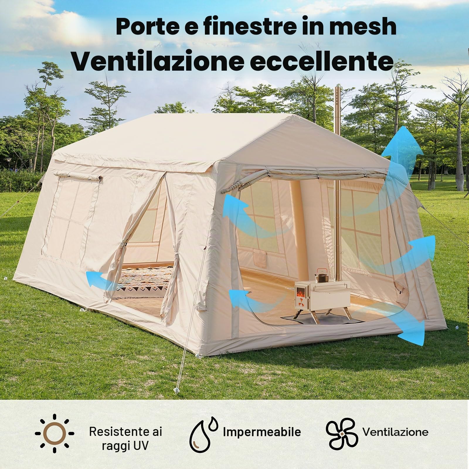 Ytaoeo Tenda Gonfiabile per Campeggio Outdoor Tenda per 2-4 persone con pompa ad aria, apertura del camino, tenda gonfiabile in tessuto Oxford impermeabile