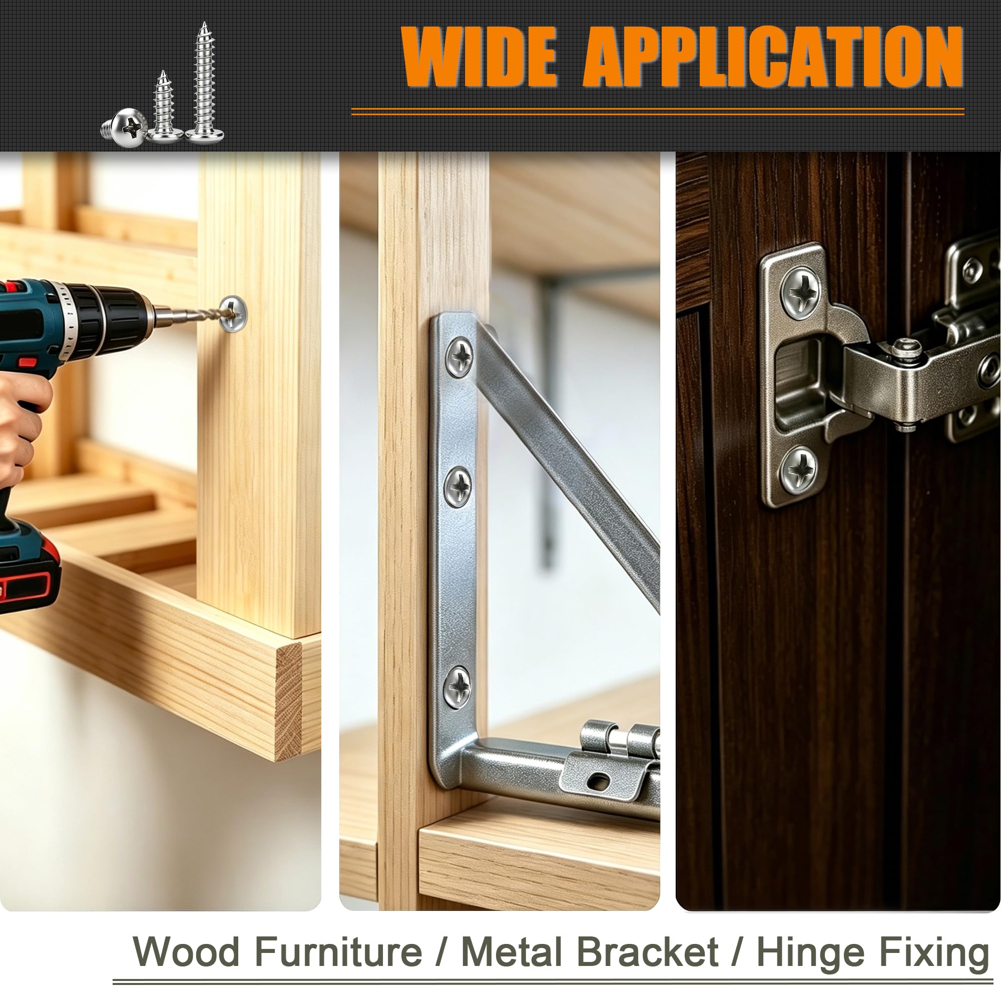 Dianrui Lot de 680 vis en acier inoxydable 304, #4#6#8#10#12, assortiment de vis à bois, vis à tôle assorties, tête cylindrique cruciforme, vis à tôle assorties, longueur de 0,9 cm à 2,5 à 1,3 cm