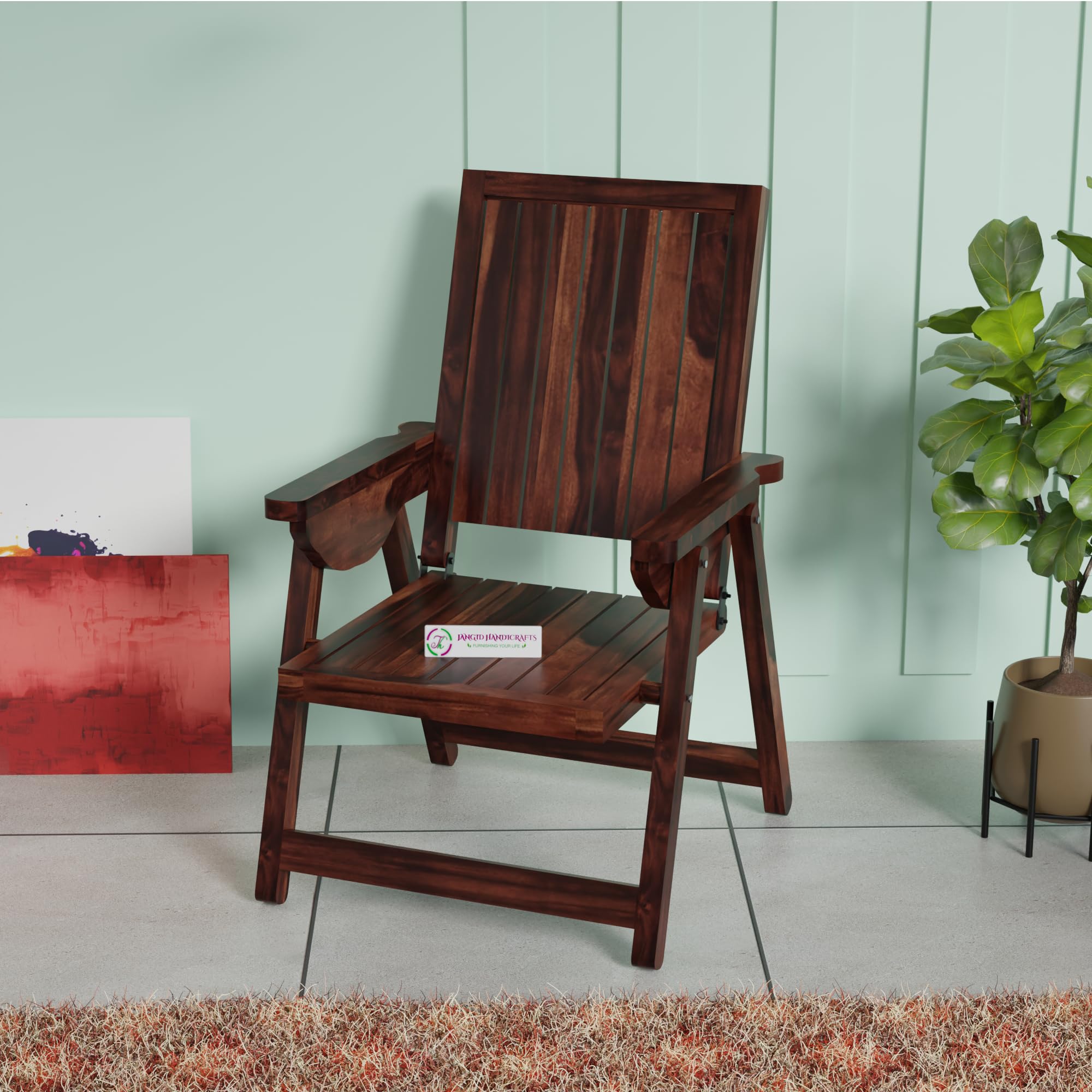 Jangid Handicraft Solid Sheesham Wood Folding Chair for Living Room | Wooden Arm Rest Foldable Chair for Balcony & Hall | Patio Resting Chair for Adults | Rosewood, Walnut Finish (Set of 1)-image-6