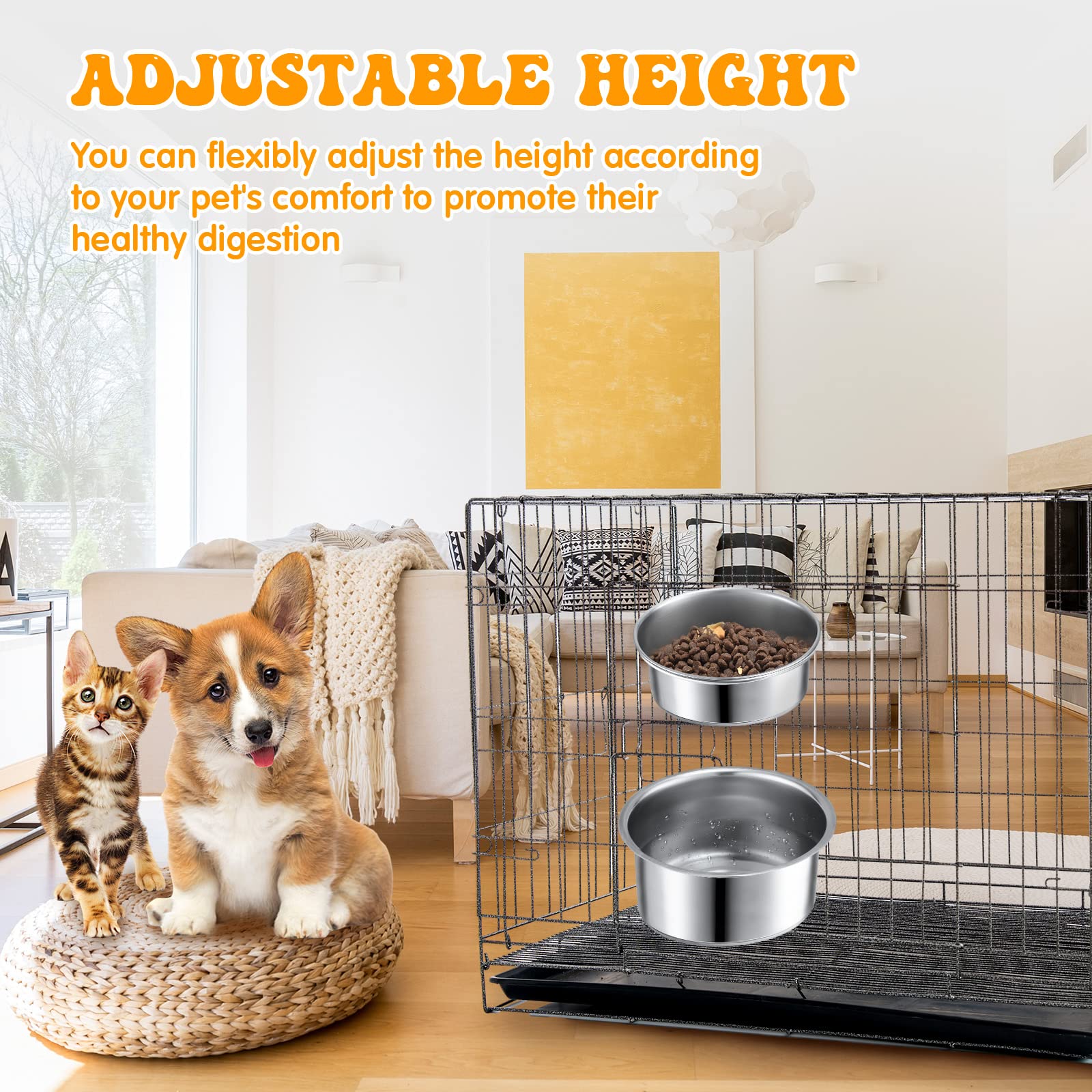 Zopeal 6 tazze da cucina in acciaio inox per animali domestici, con supporto per morsetto, per gatti, cani, casse, gabbie, canili, 2 misure