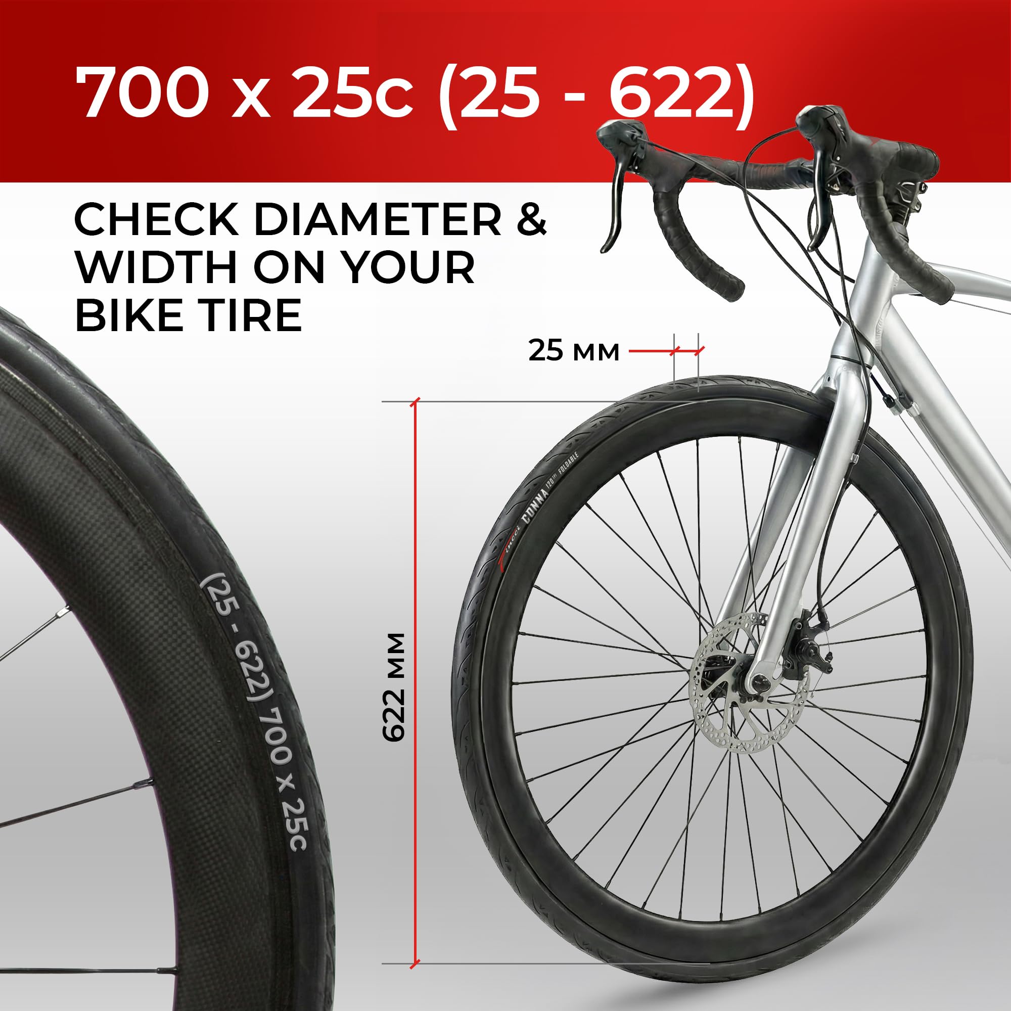Fincci Conna Pneus 700x25c - Pliable Slick Tires 25-622, 120 TPI avec Protection Anti-crevaison en Nylon 1mm, pour Vélo de Route, Race & Adulte Velo, Electrique & Tournée Bicyclette - Paquet de 2