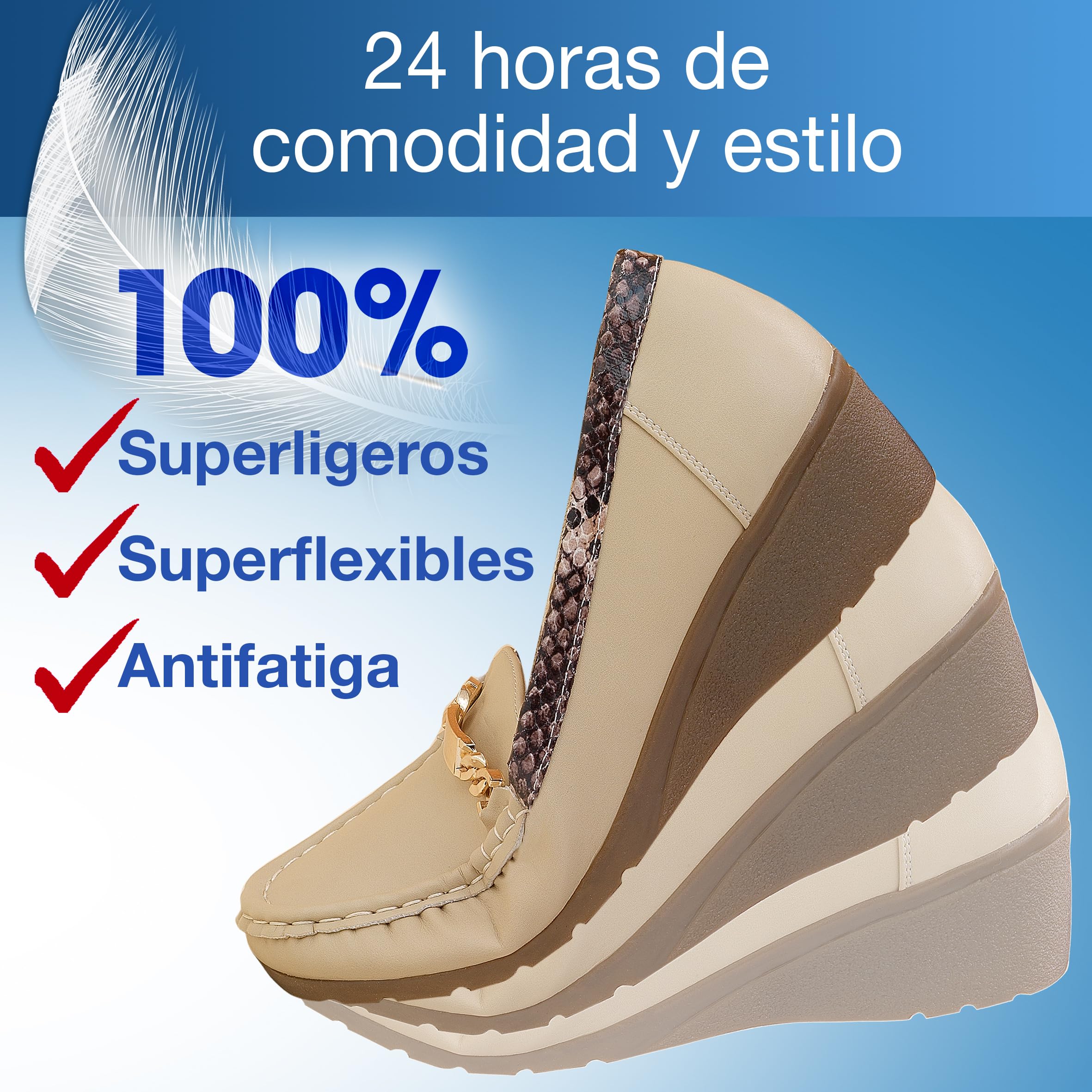 Zapatos señora Lady Chic Confort Fáciles de Poner: Ajustables. Horma Ancha: Flexibles. Plantilla Piel Acolchada. Cómodo Tacón de Cuña de 3,5 cm. Elegantes, Versátiles: 24 Horas de Comodidad