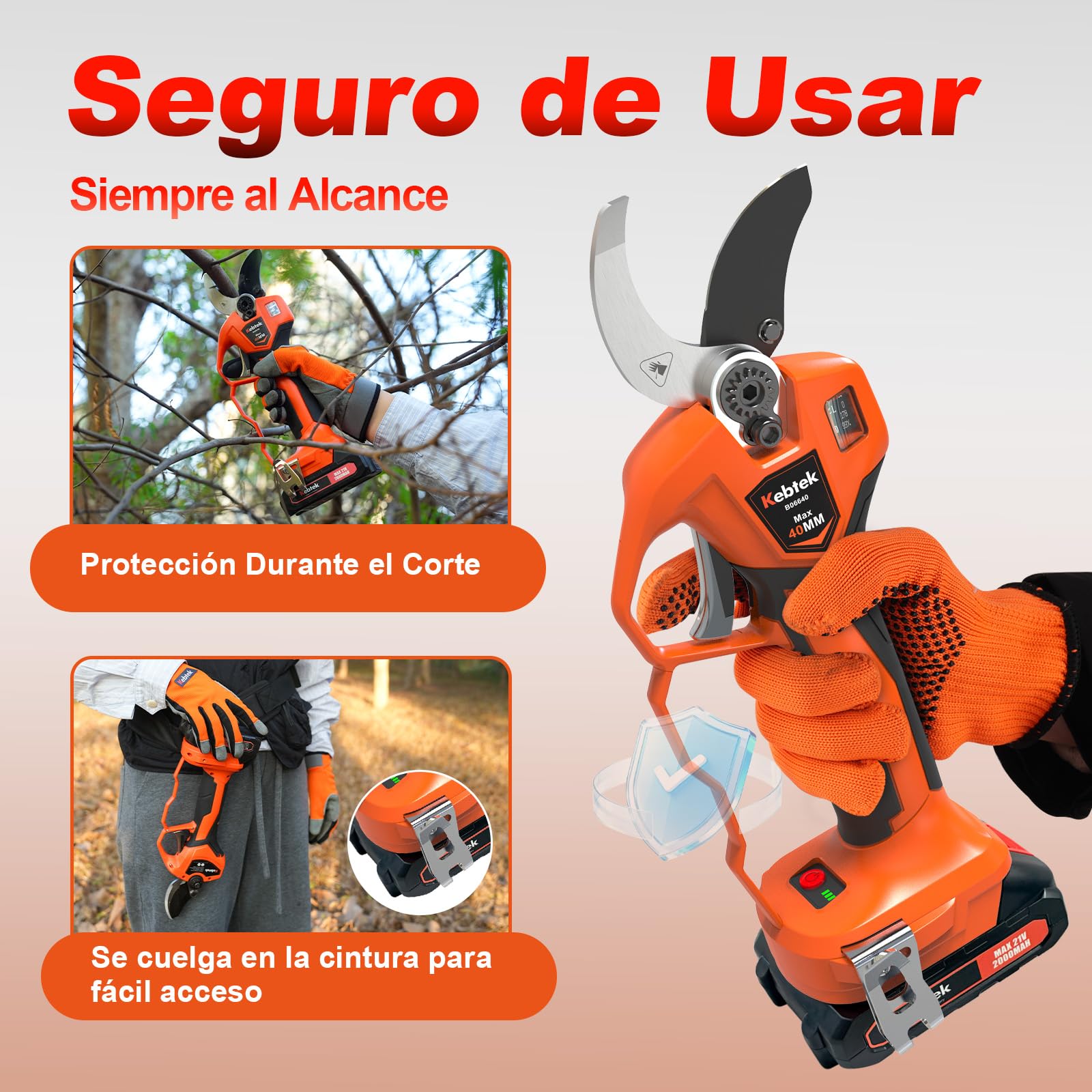 Kebtek Tijera Podar Electrica 40 mm Corte Podadora con Bateria Tijeras Electricas Profesional de 1,6'' para Jardinería y Trabajos Pesados | Tijera Podadora con Batería Corte Progresivo Compatibles con Batería Makita Clip para el Cinturón para Jardinería,