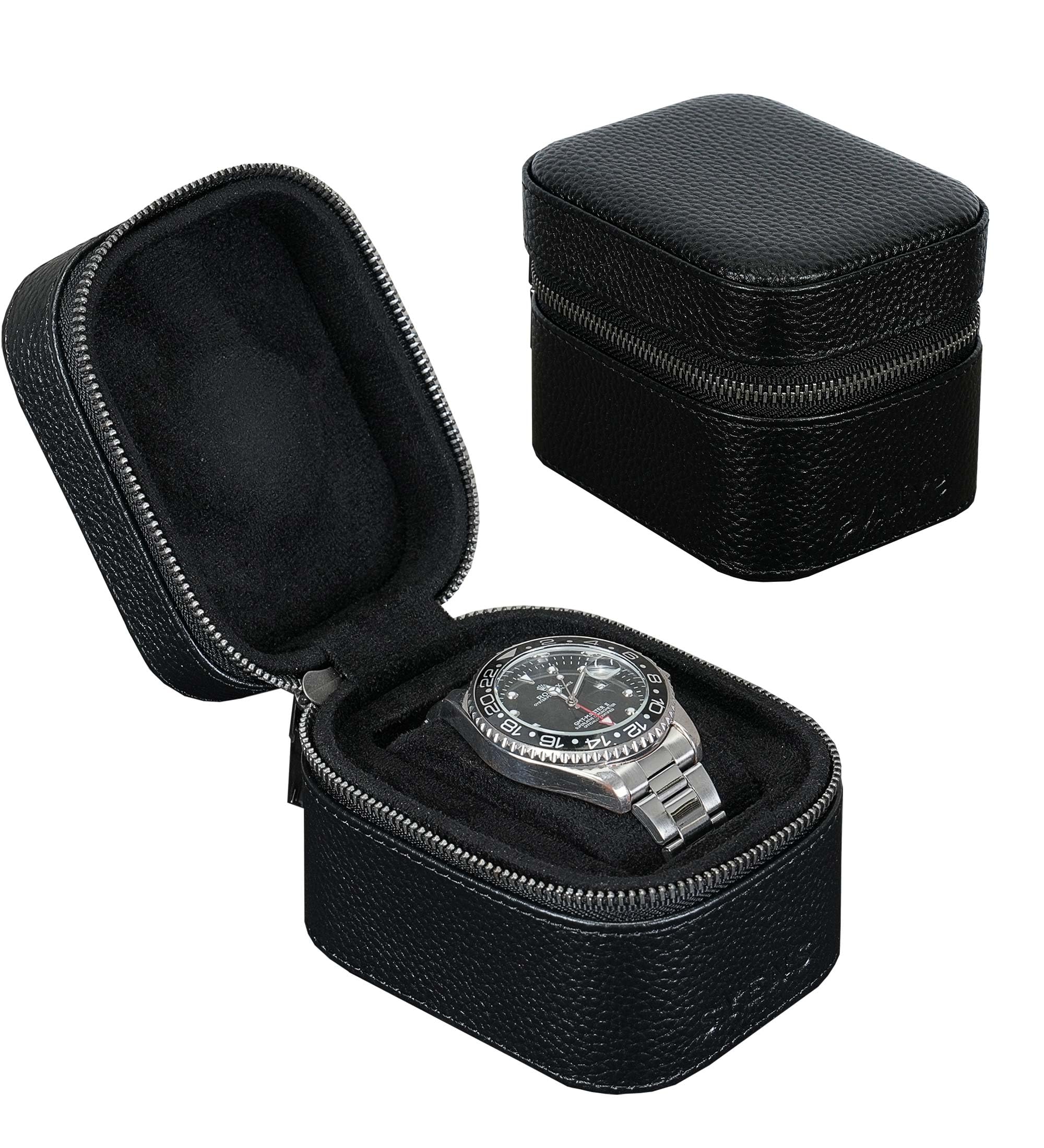 Scatola da viaggio per orologi, in vera pelle, per uomini e donne, con chiusura lampo, adatta per tutti gli orologi fino a 60 mm (1W-Z-BBL)