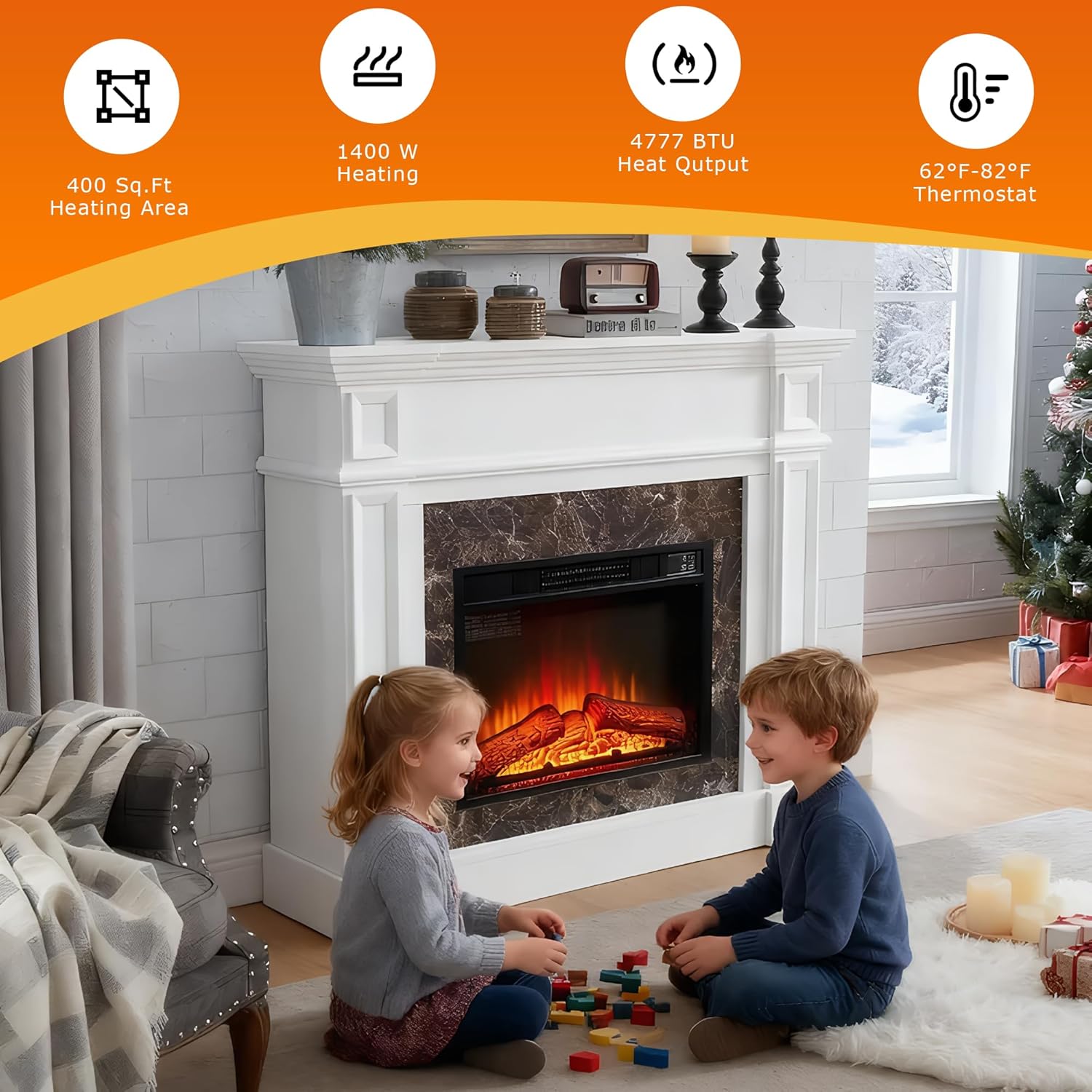 46 inch Electric Fireplace with Mantel, Portable Freestanding Wood Stove with Remote Control, 23'' Fireplace Insert,1400W Realistic 3D Flame Stacked Stone Surround (White, 46 inch)