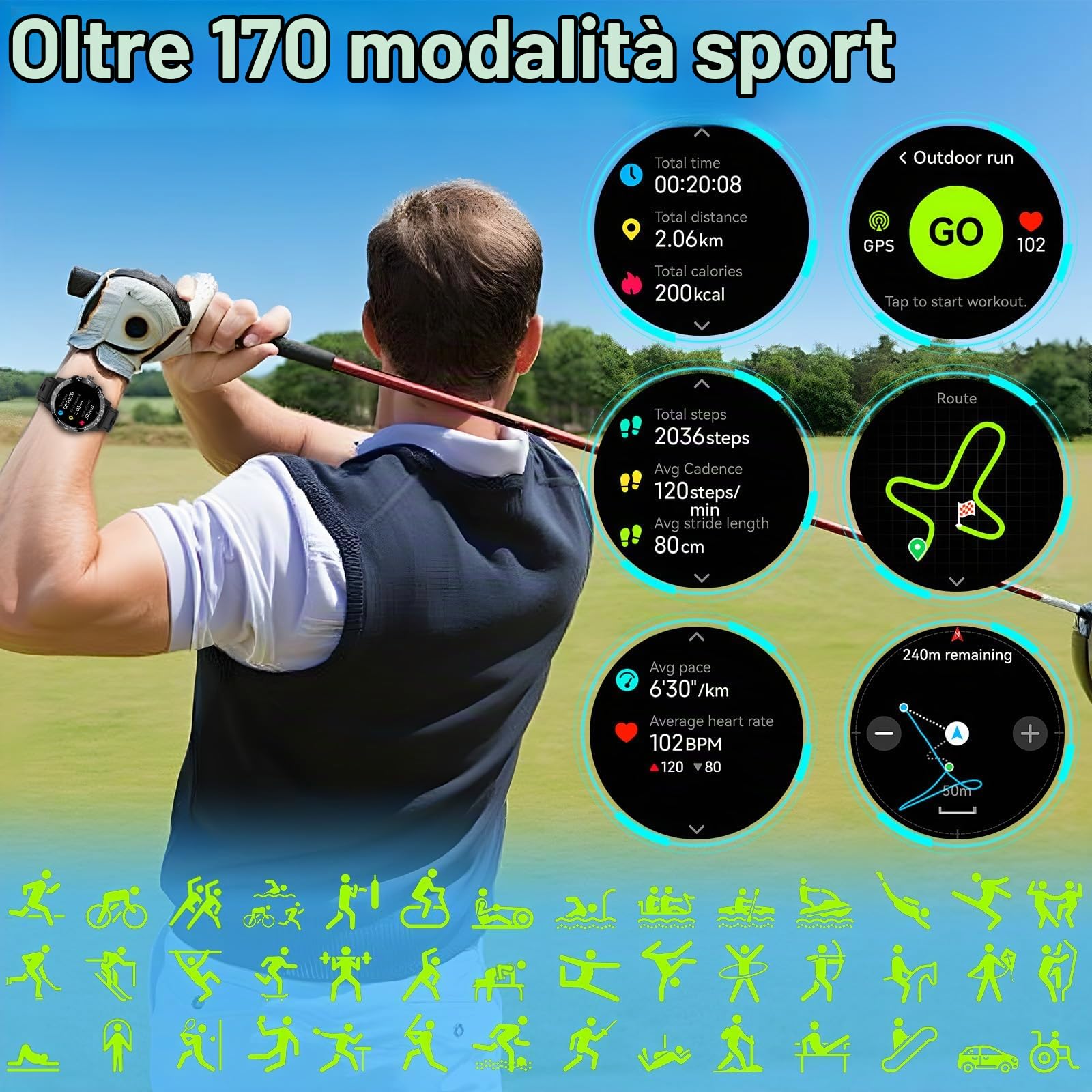 Smartwatch Uomo Donna con GPS, 1.508" AMOLED Orologio Smartwatch con Chiamata Telefoniche, 170+ Modalità Sport, Monitoraggio Cardio/Sonno/SpO2, Impermeabile Fitness Tracker per iOS e Android