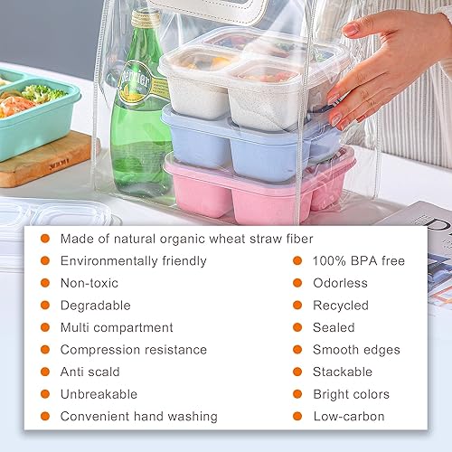 Miniatura 7 de Caja Bento para niños, paquete de 4 recipientes de 3 compartimentos para preparación de comidas, contenedores de almuerzo reutilizables, recipientes