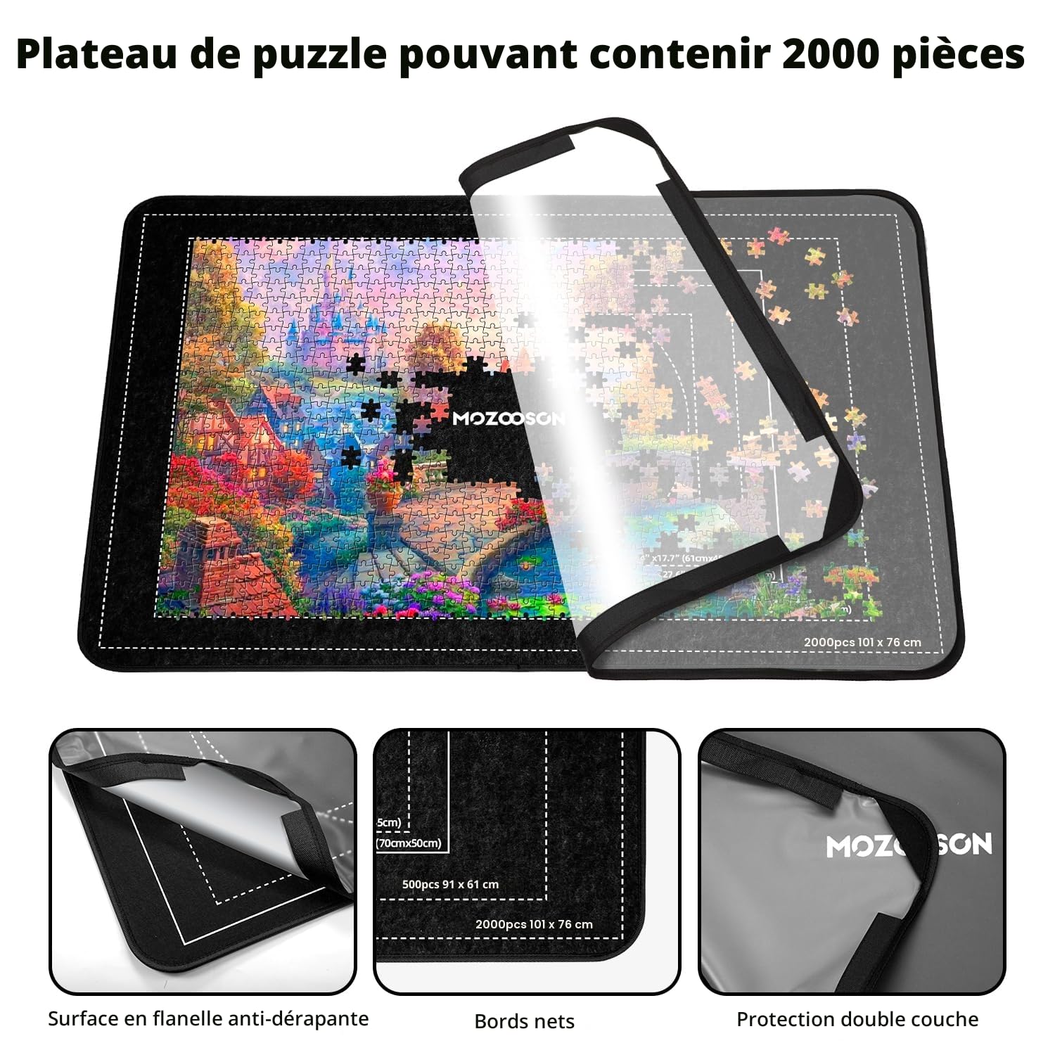 MOZOOSON Tapis Puzzle 2000 Pieces Pliable, Plateau Puzzle Portable, Surface Antidérapante, Rangement Jigsaw avec 8 Trieur