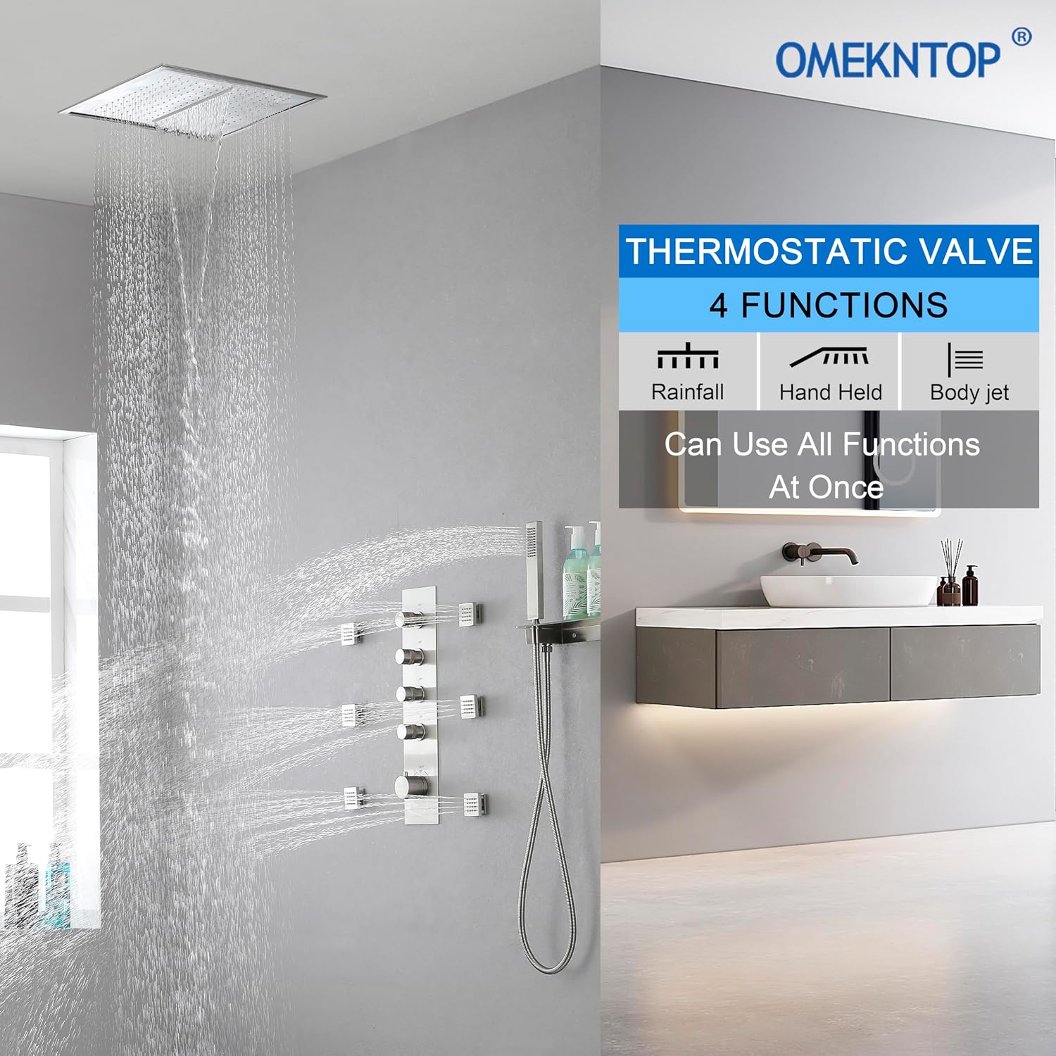 Brass Brushed-Nickel 4-Way Thermostatic Shower Diverter Valve - 4 Function Mixer with Individual On/Off Flow Control for Shower Arm & Kit