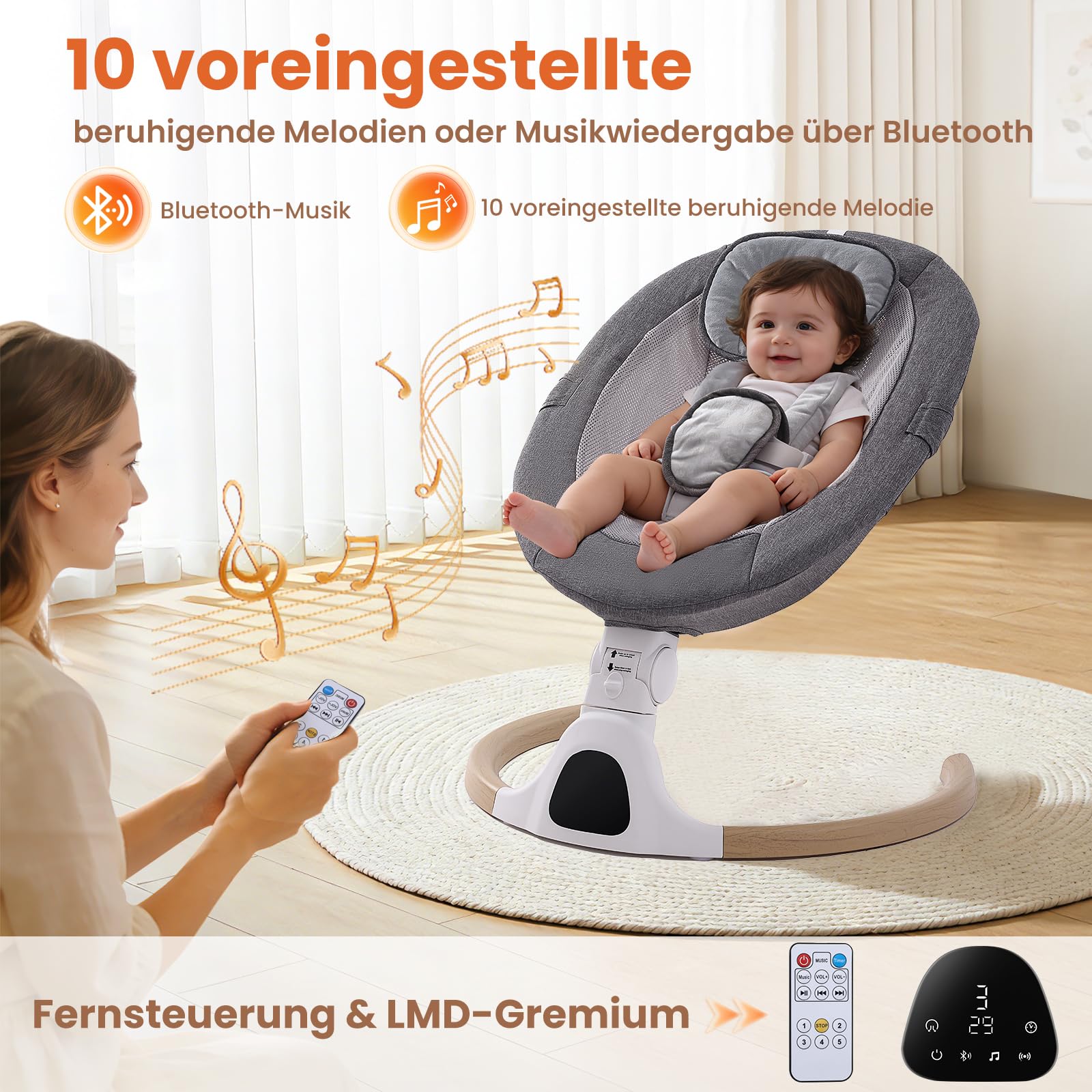 Babywippe Elektrisch, 0–6 Monate, max. 9 kg, Tragbares Neugeborenes Babyschaukel Indoor mit Bluetooth, 5 Schwenkgeschwindigkeiten, 3 Winkellage, Fernbedienung & Touch Panel Grau