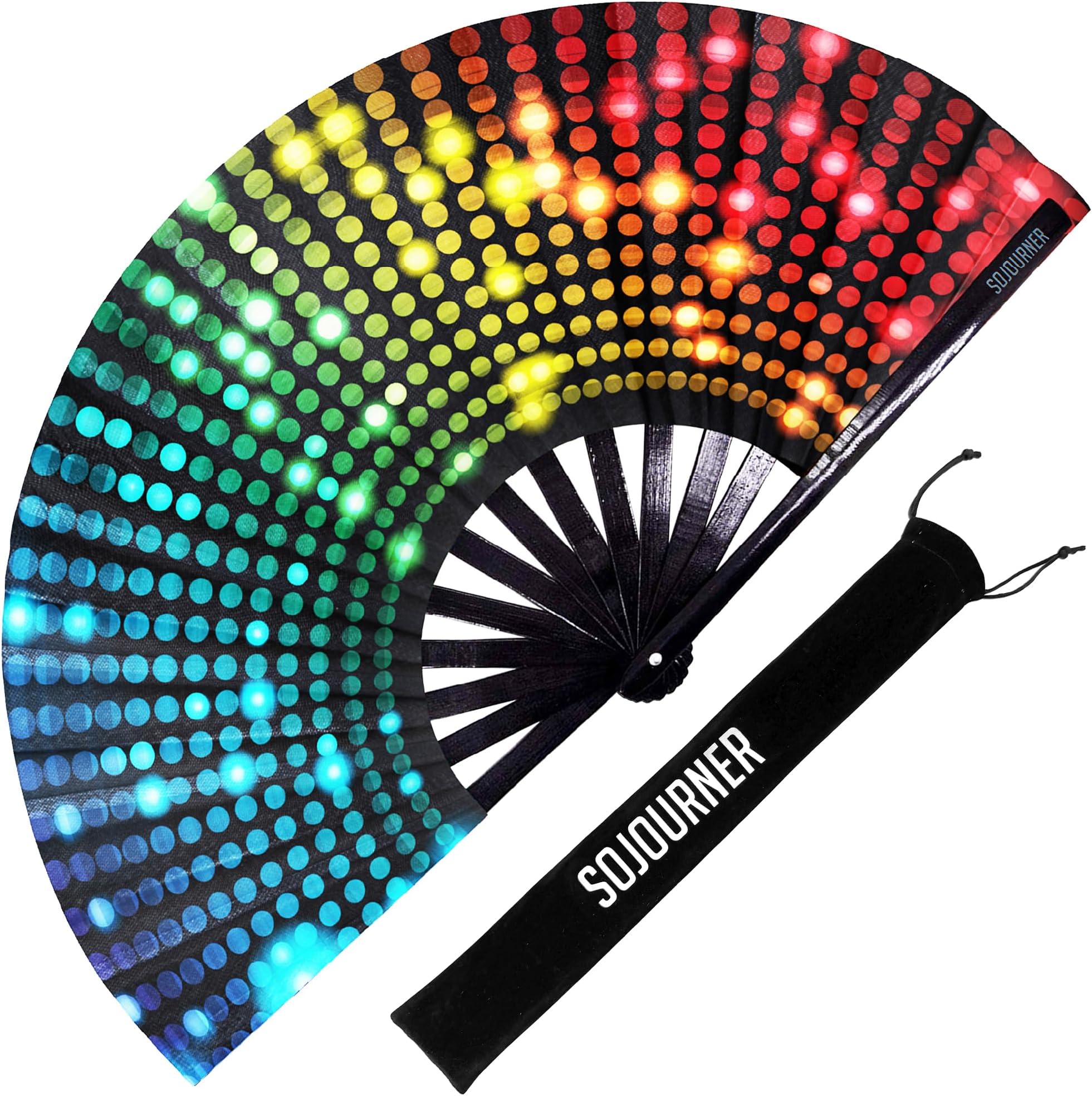 SoJourner Bags Bright Lights Rave Fan - Large Folding Clack Fan for Men and Women - Rave Accessories for EDM, Line Dancing, Cosplay, Concerts and More
