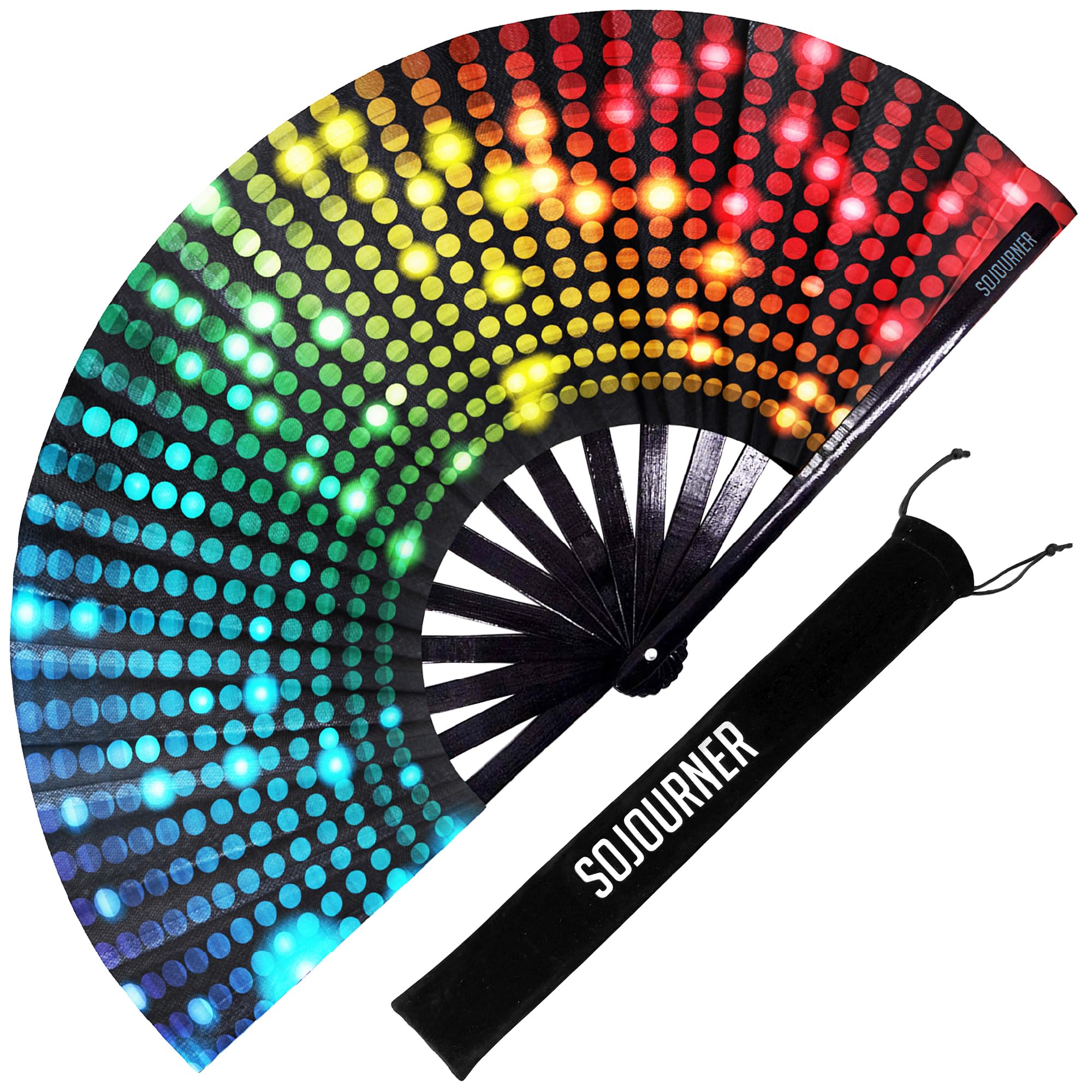 SoJourner Bags Bright Lights Rave Fan - Large Folding Clack Fan for Men and Women - Rave Accessories for EDM, Line Dancing, Cosplay, Concerts and More