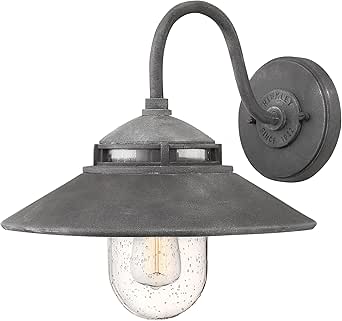 Hinkley Atwell Small Wall Mount Outdoor Barn Light, Aluminum, Clear Seedy Glass, Gooseneck Arm, Use A15 or Type B Bulb, Aged Zinc Finish