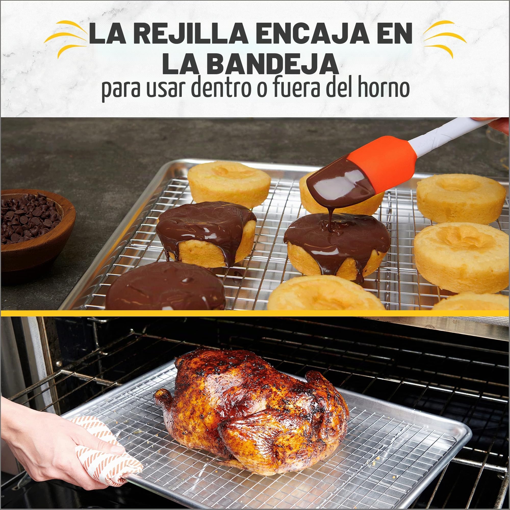 Bandeja de horno con rejilla de refrigeración, 46 x 33 cm, bandeja de aluminio y rejilla de acero inoxidable, ideal para galletas, pan y más