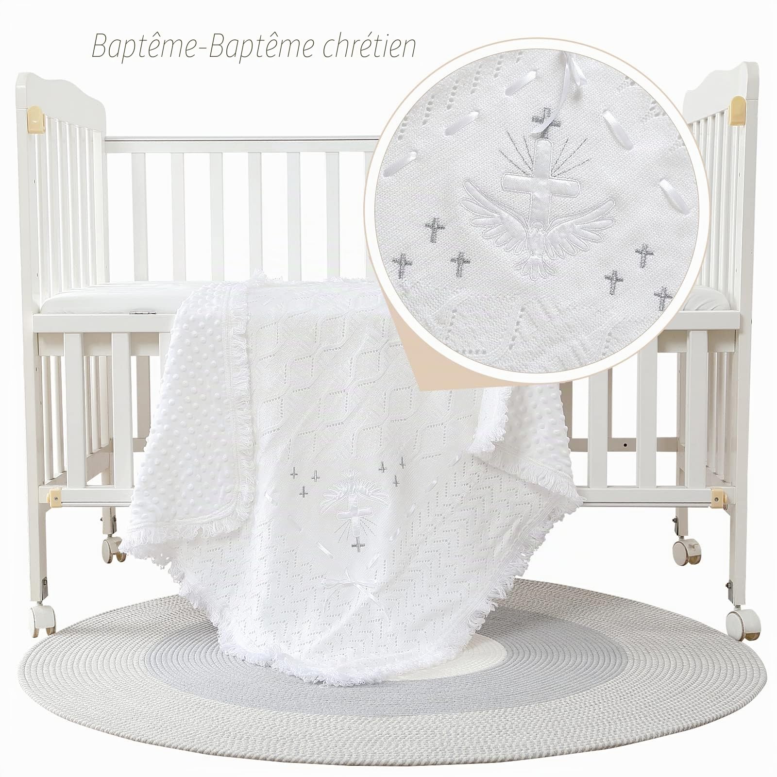 Booulfi Couverture de baptême Unisexe pour bébé - Blanc - Châle tricoté - Taille : 95,2 x 100,3 cm