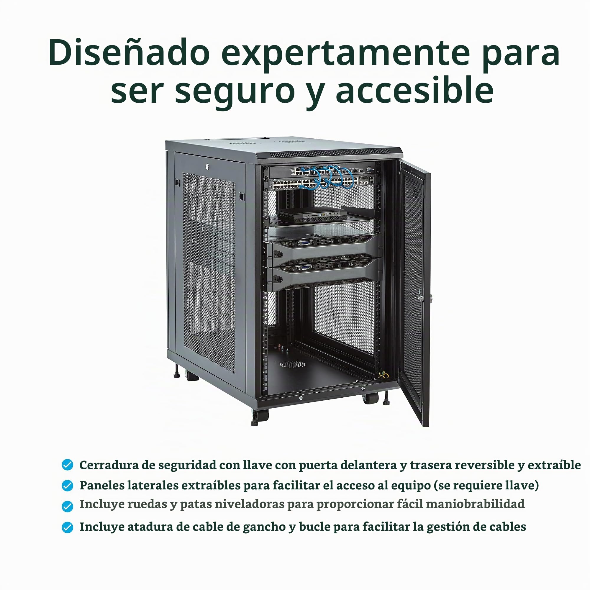 StarTech Armario Rack 18U 4 Columnas Cerrado 19in, 75cm, 450kg (RK1833BKM) | Gestión de cables incluida, Totalmente montado con ruedas, Puertas de malla con cerradura