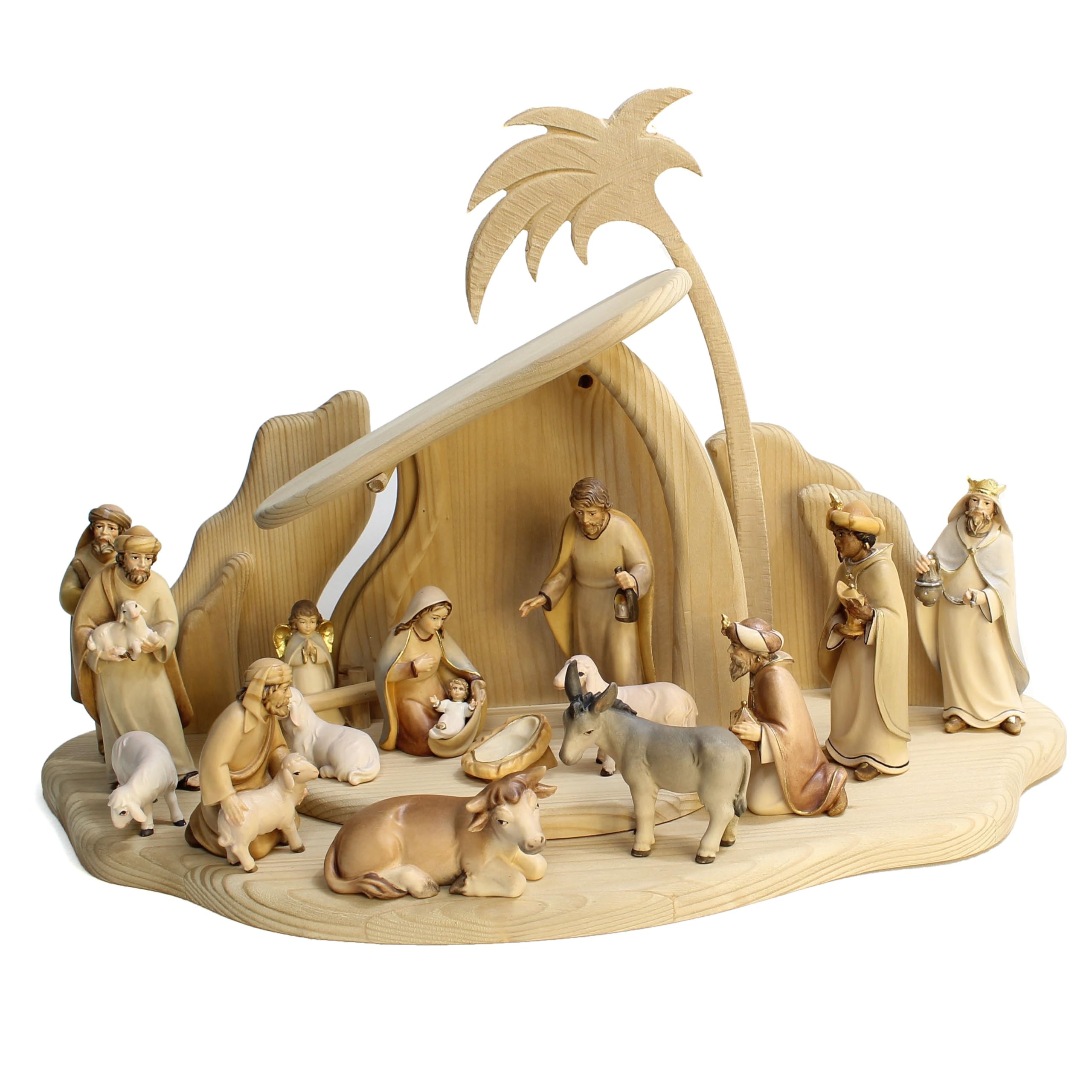 Palais du Rosaire Crèche Artisanale en Bois de 17 pièces avec l'étable - Crèche - Culte Chrétien en Bois