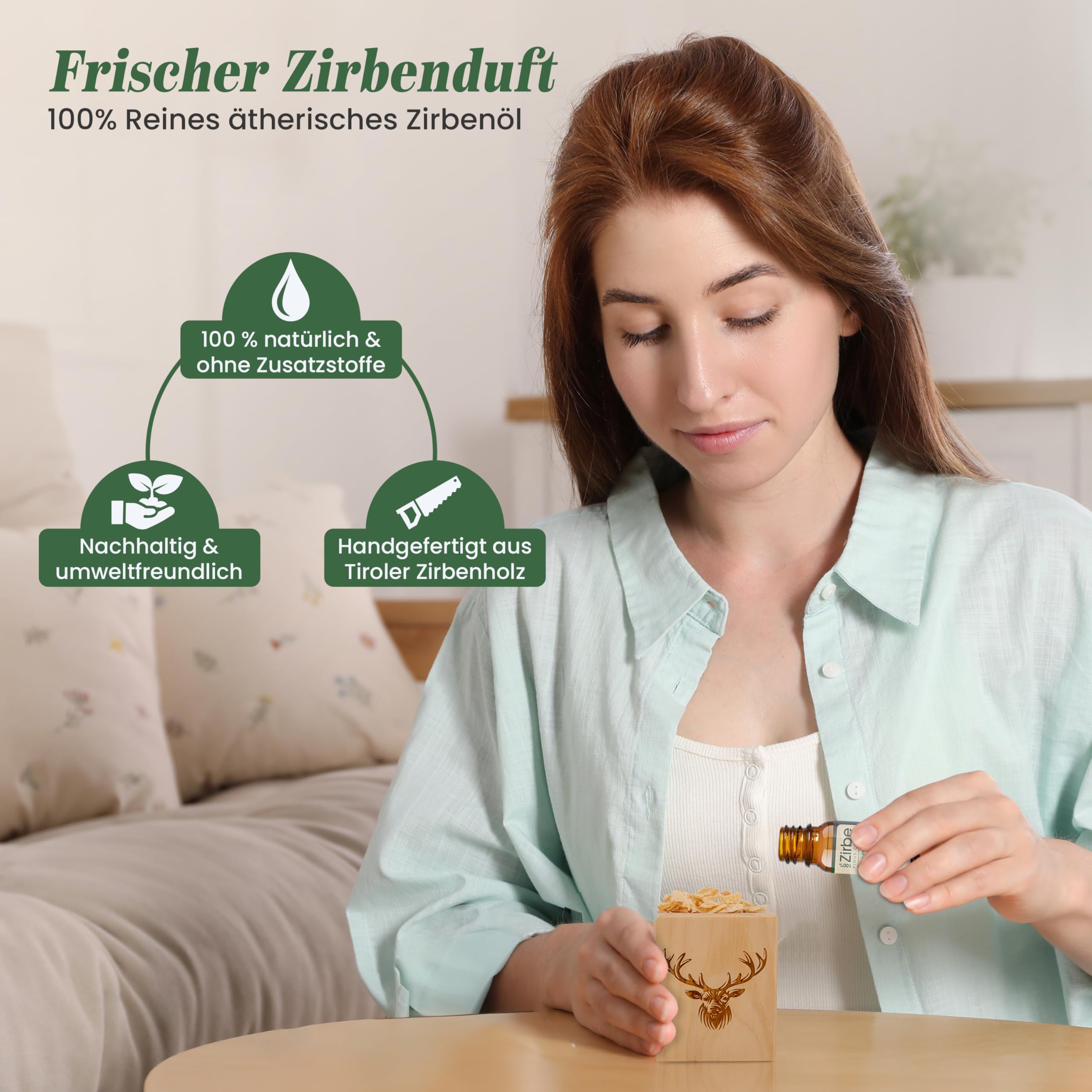 sagl.tirol® Zirbenholz Set mit Zirbenspäne und 10 ml Zirbenöl - Zirbelkiefer Öl – Zirbenduft und Deko aus Zirbelkiefer – Nachhaltige Zirbenholz Produkte, Zirbenwürfel, Raumduft Zirbe - Hirsch