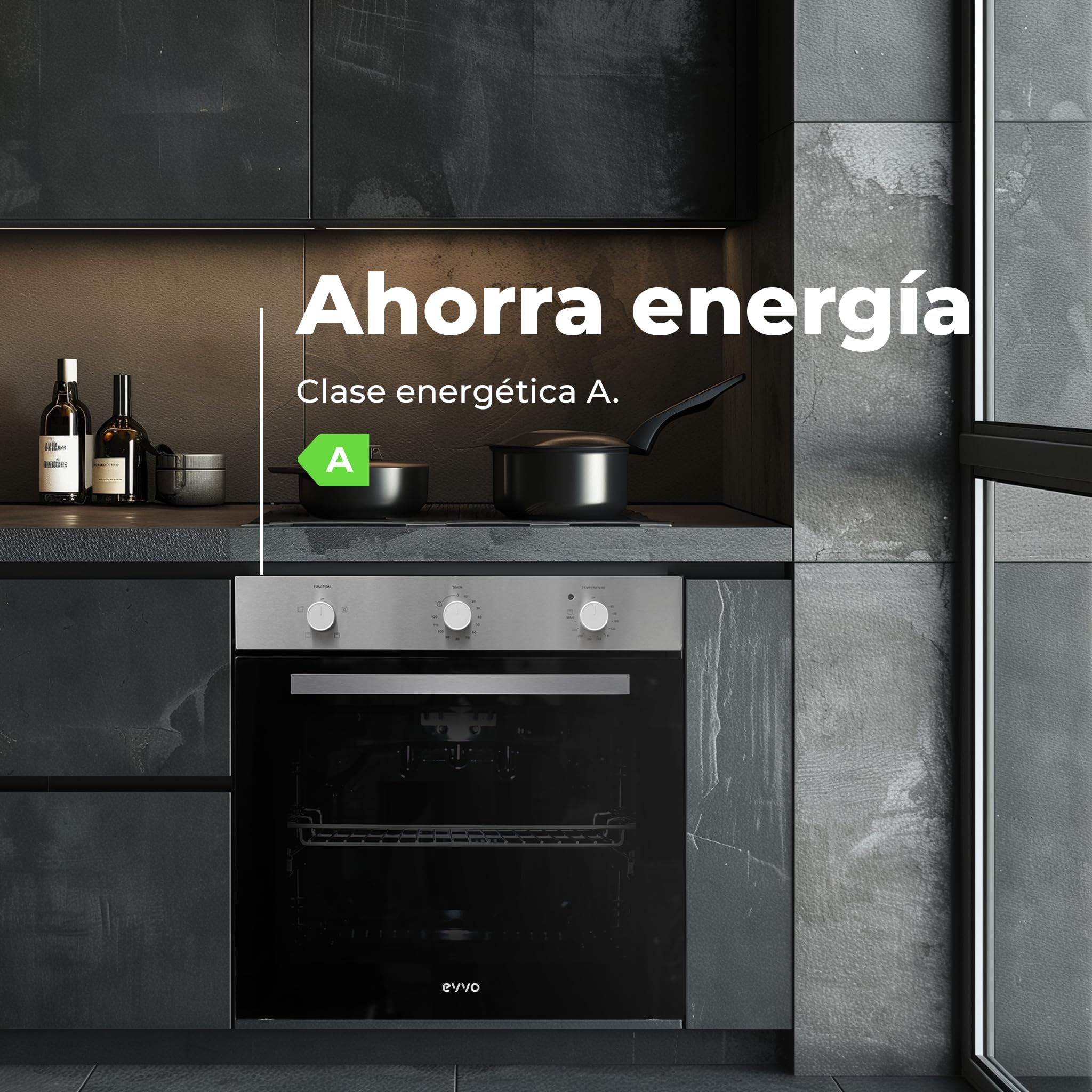 EVVO H10 Inox - Horno Eléctrico Empotrable de 72L, Eficiencia Energética A, 4 Programas de Cocción con Grill, Puerta de Triple Acristalamiento y Temporizador. Horno Inox de Encastre para Cocina