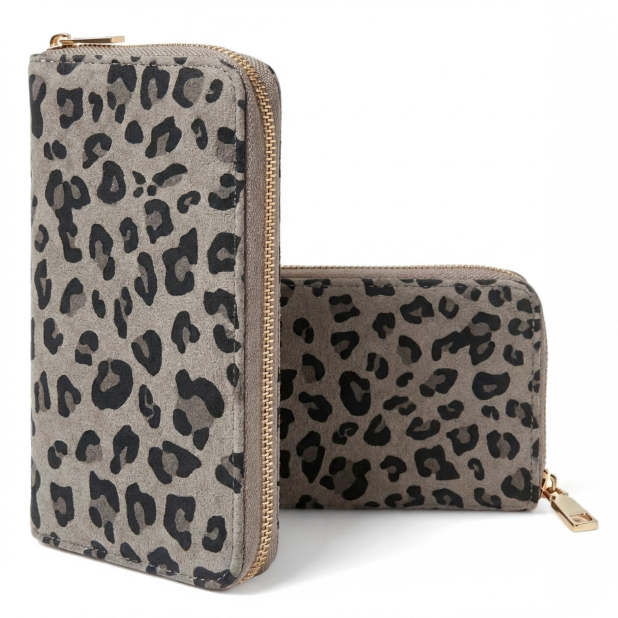 MillyMilk® Savana Large – Großer Leo Portemonnaie & Geldbeutel für Damen – Geräumige Geldbörse im Leopard Design in Wildlederoptik Animal Print – Stilvolle Clutch Wallet (Leo GRAU)