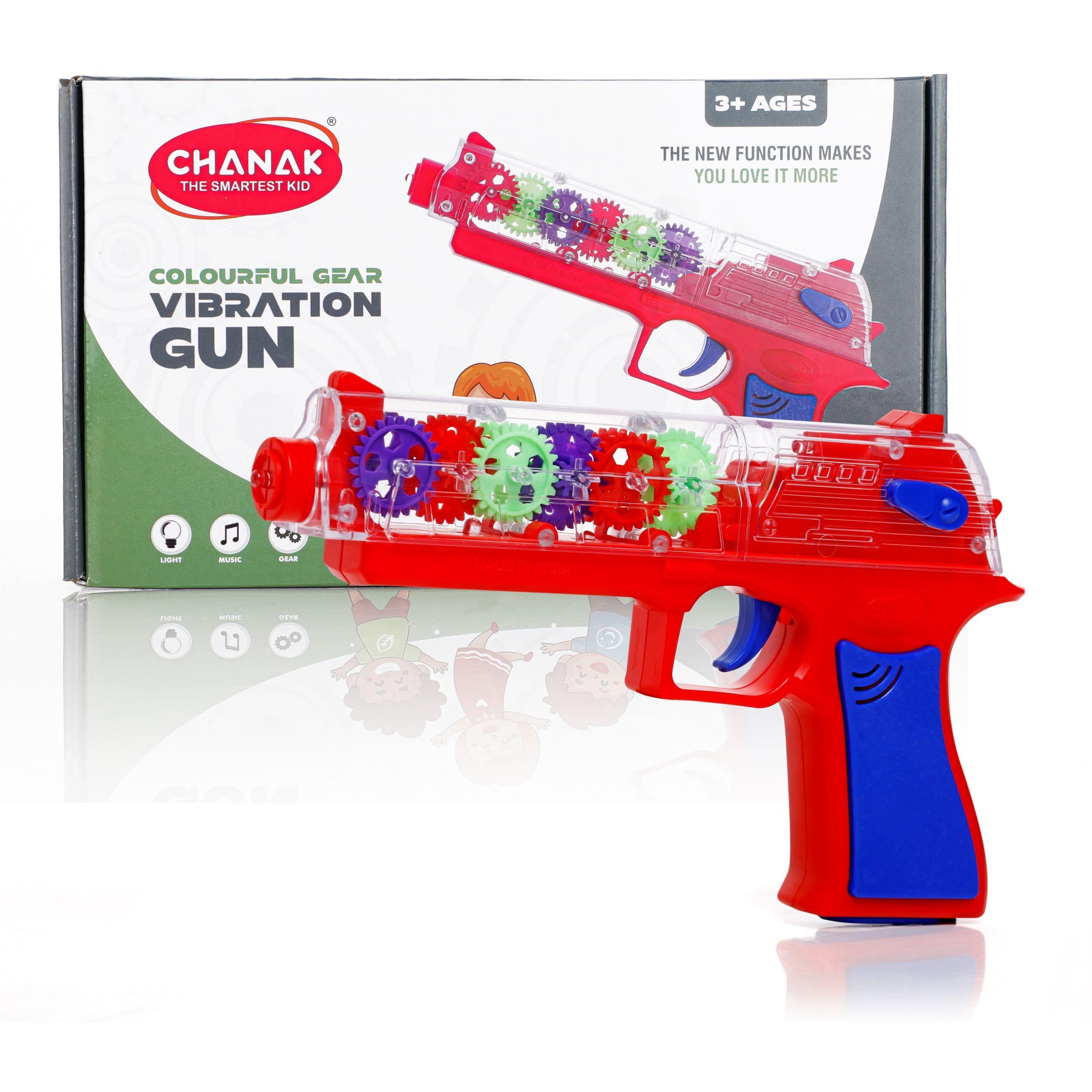 Chanak Transparent Gear Gun Toy for Kids, Electric Concept Gear Gun with Moving Gears, Vibration, Music & Lights for Kids Above 3 Years, BIS Approved (Red)