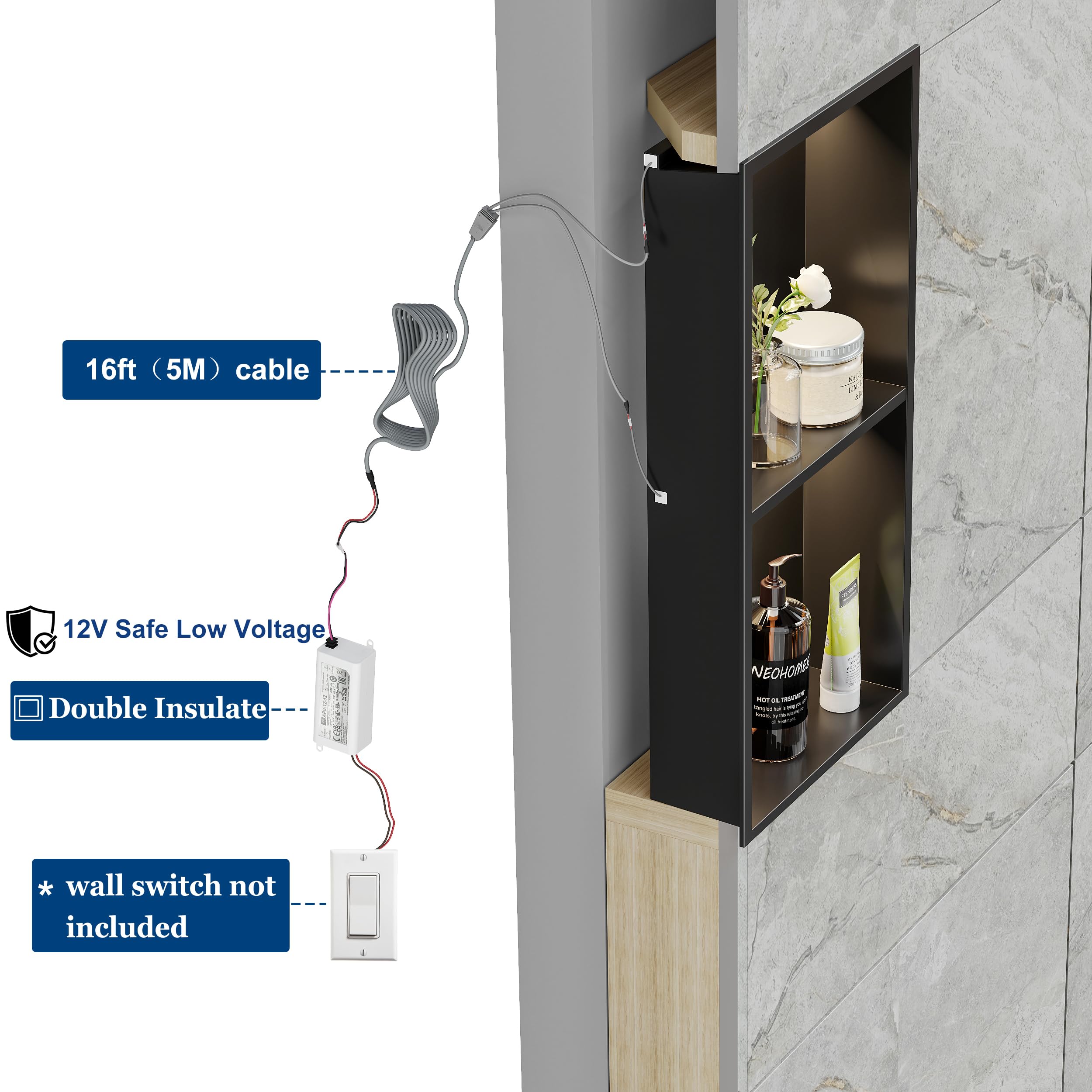 Wandnische Dusche Edelstahl mit LED-Beleuchtung, Duschnische Schwarz mit Regal Lagerung für Badezimmer, 60 x 30 cm, IP68 Wasserdicht