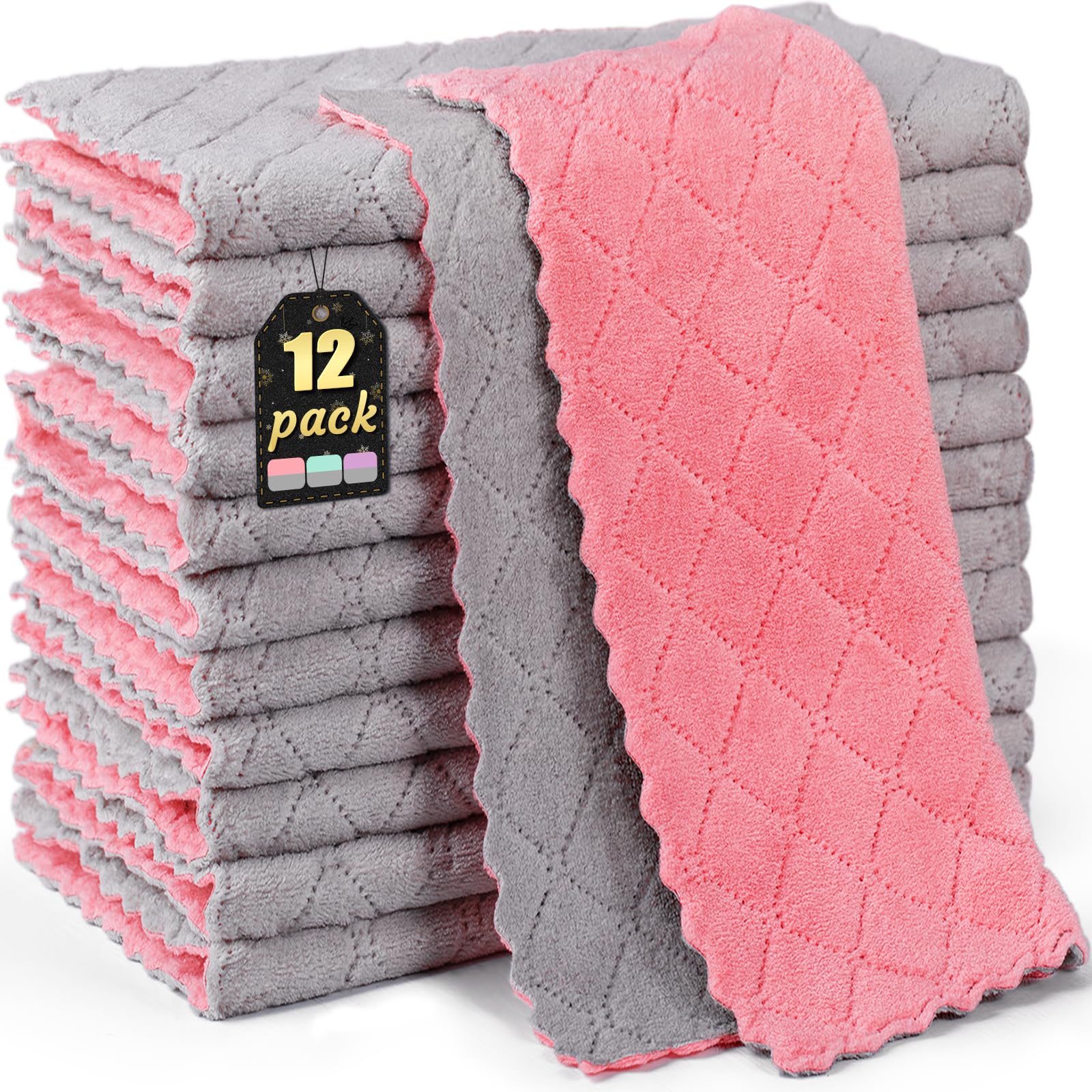 Buedm Gray,Green,Pink 12 Pack Kitchen Cloth Dish Towels, 12X12 Inch Soft Premium Dishcloths, Absorbent Microfiber Cleaning Cloth For Cleaning Dishes, Kitchen, Bathroom, Car