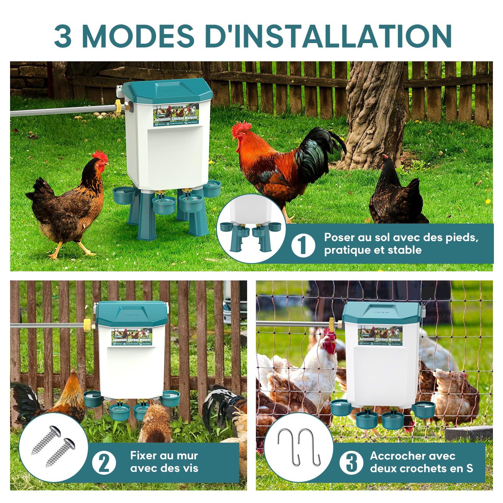 CHAMUTY Abreuvoir Poules Automatique 7 Litres avec Pieds, 4 Bols, Flotteur Filtré Contrôlé, Tuyau en Acier Inoxydable de 1,5 m, Distributeur Eau Poule Automatique Pour Canards, Oies, Dindes et Pigeons