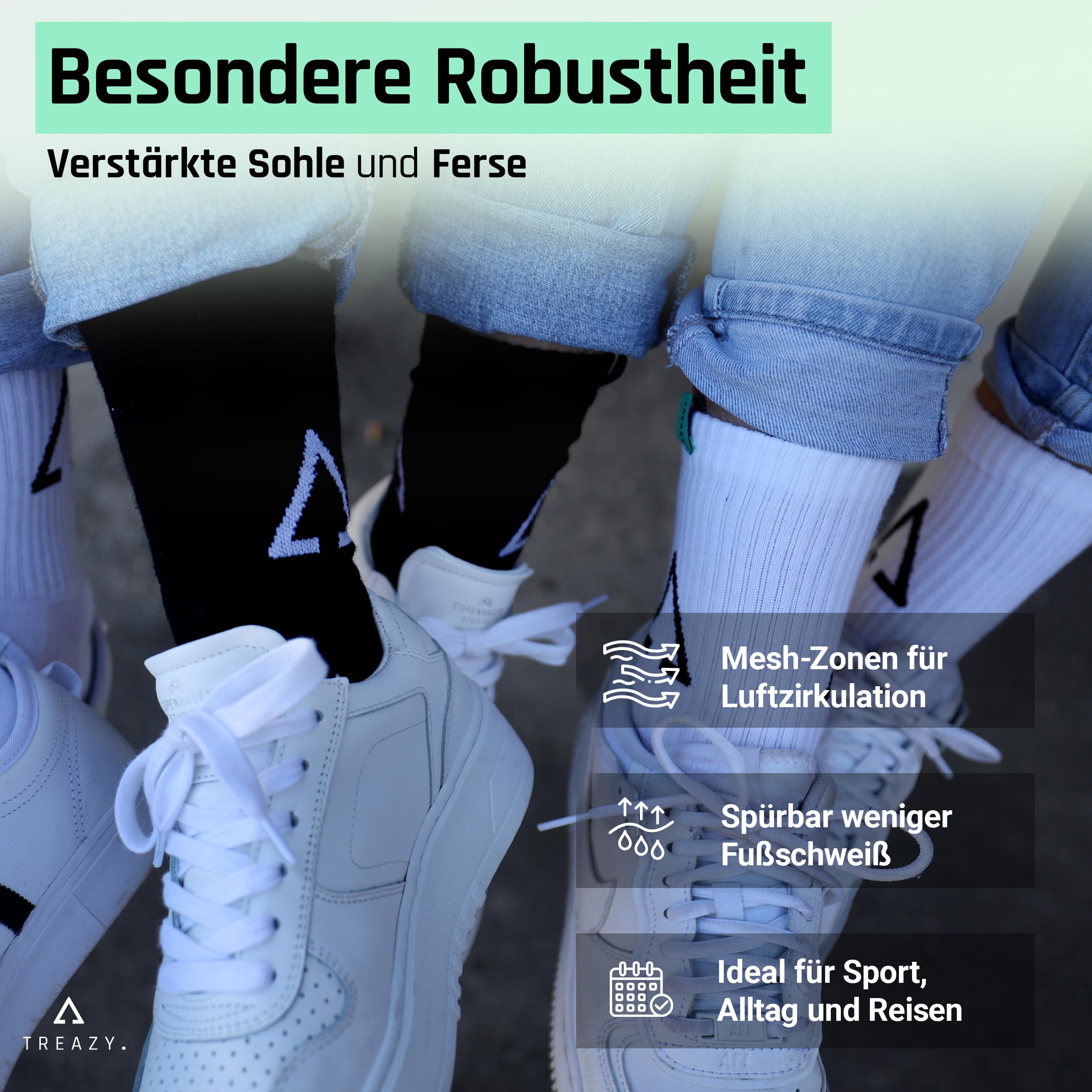 TREAZY Tennissocken Crew Socks aus Bio-Baumwolle – Schweiß und blasenfrei dank extra Lüftungskanälen sowie anatomischer Passform – besonders langlebig