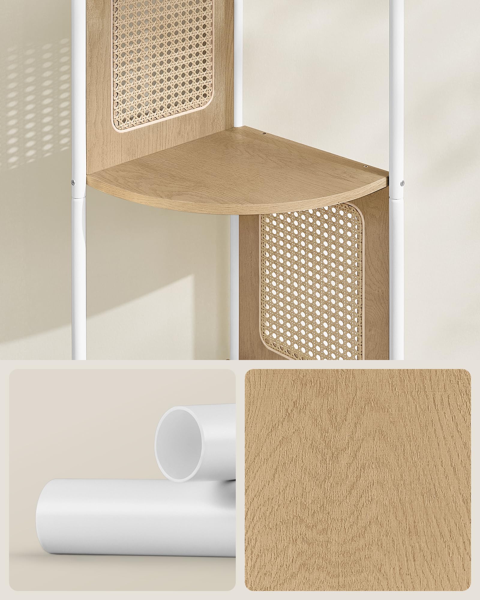 VASAGLE Regał narożny 5-poziomowy z rattanowymi panelami bocznymi, półką stojącą, metalową ramą do salonu, sypialni, gabinetu, kuchni, 30,5 cm x 30,5 cm x 150 cm, dąb beżowy LLS588Y57