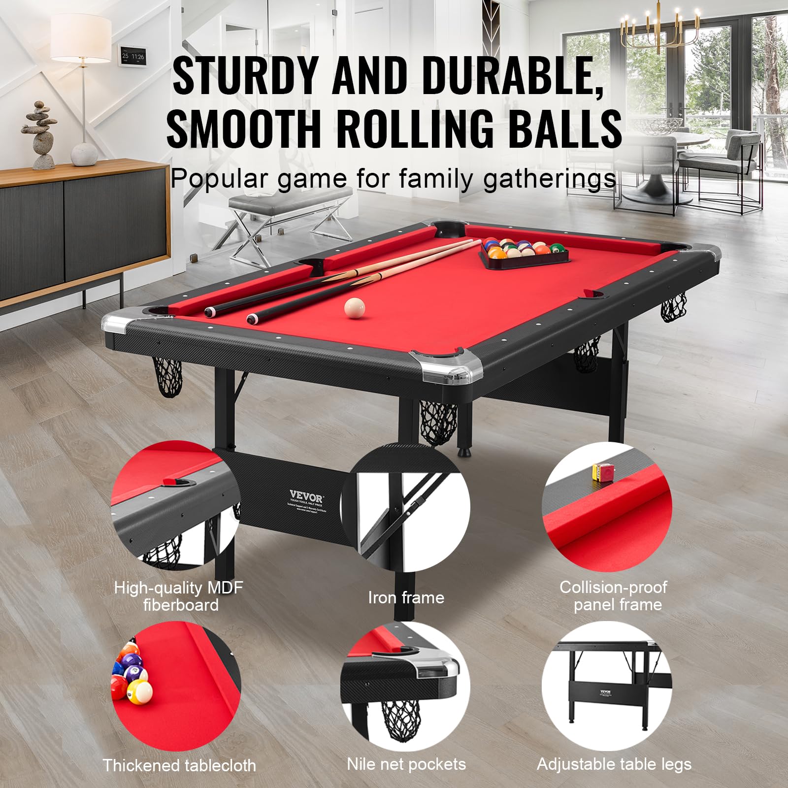 VEVOR Tavolo da Biliardo 1,9 m, Tavolo Portatile e Pieghevole, Set da Biliardo con Palline, Stecche, Gesso, Nero con Panno Rosso, Perfetto per la Sala Giochi della Famiglia, Bambini e Adulti