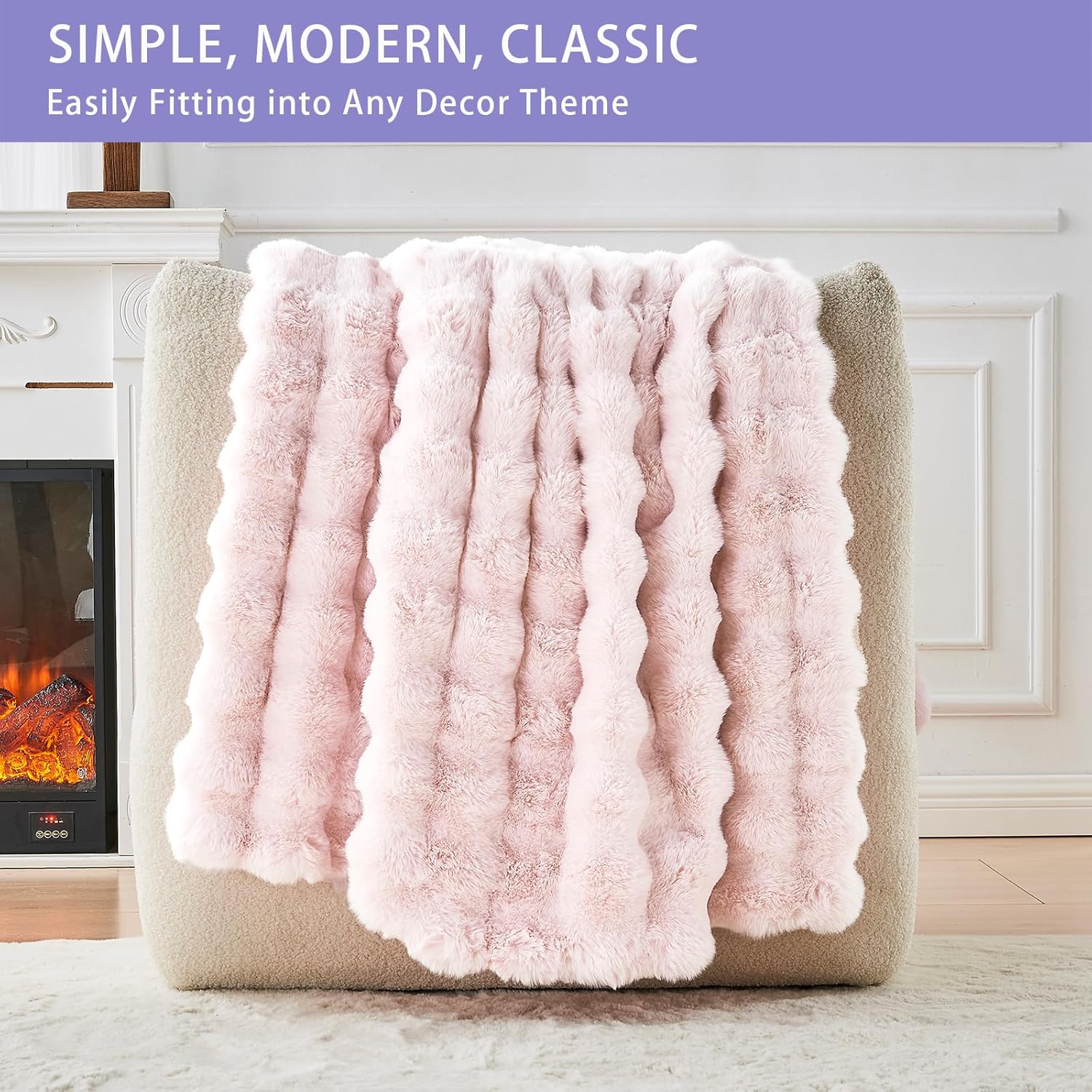 Bigacogo Faux Fur Throw Blanket for Couch, Fuzzy Soft Plush Thick Warm Bubble Blankets for Sofa Bed Living Room Décor, Cute Luxury Cozy Fluffy Throw Gift for Women Girls, 50"x60", Pink - Image 3