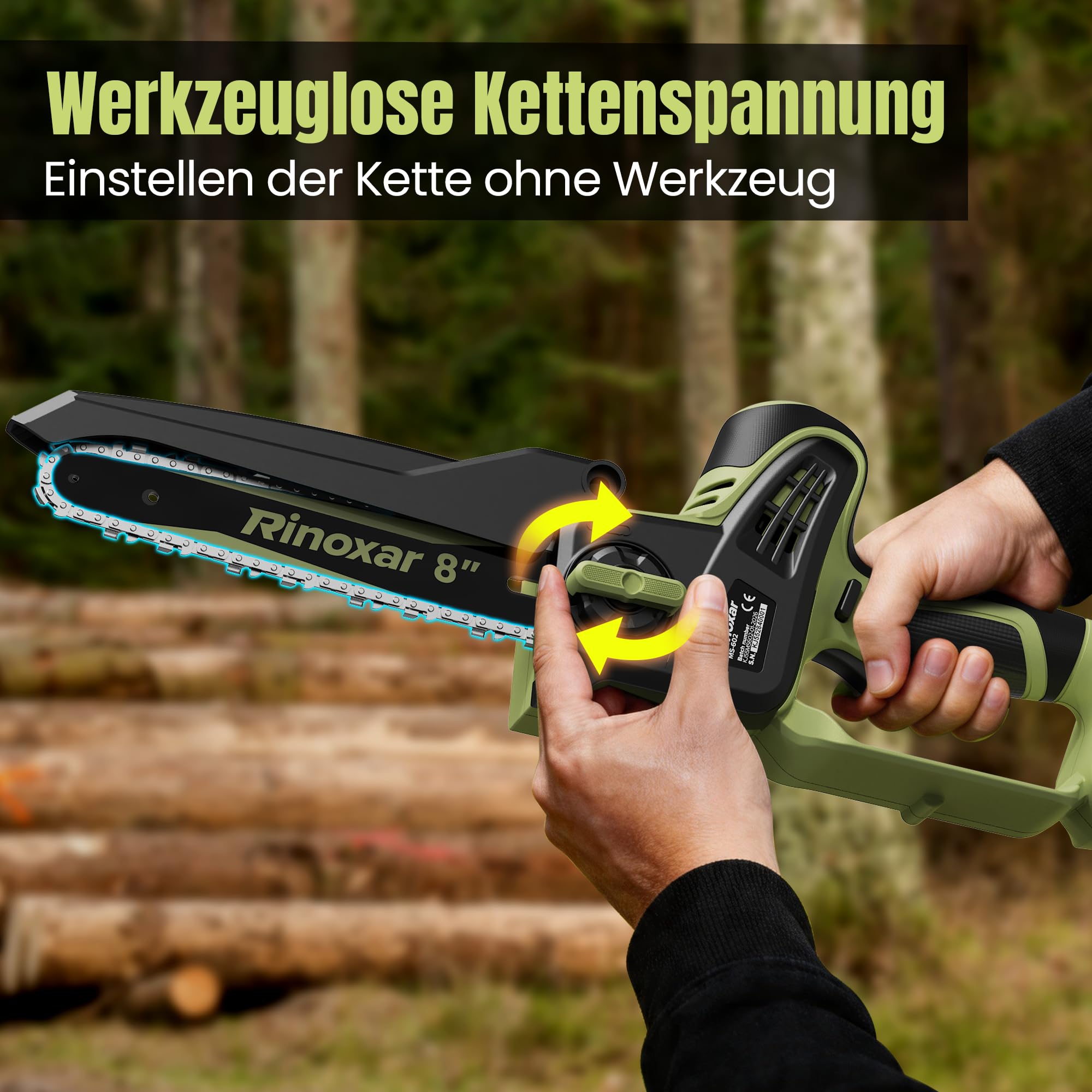 Mini Akku Kettensäge 8 Zoll, Bürstenlos Handkettensäge mit 2 * 5200mAh Akkus, Einhand Astsäge mit Automatischer Öler, Ersatzkette, Werkzeuglose Kettenspannung, Elektrisch Säge für Gartenarbeit