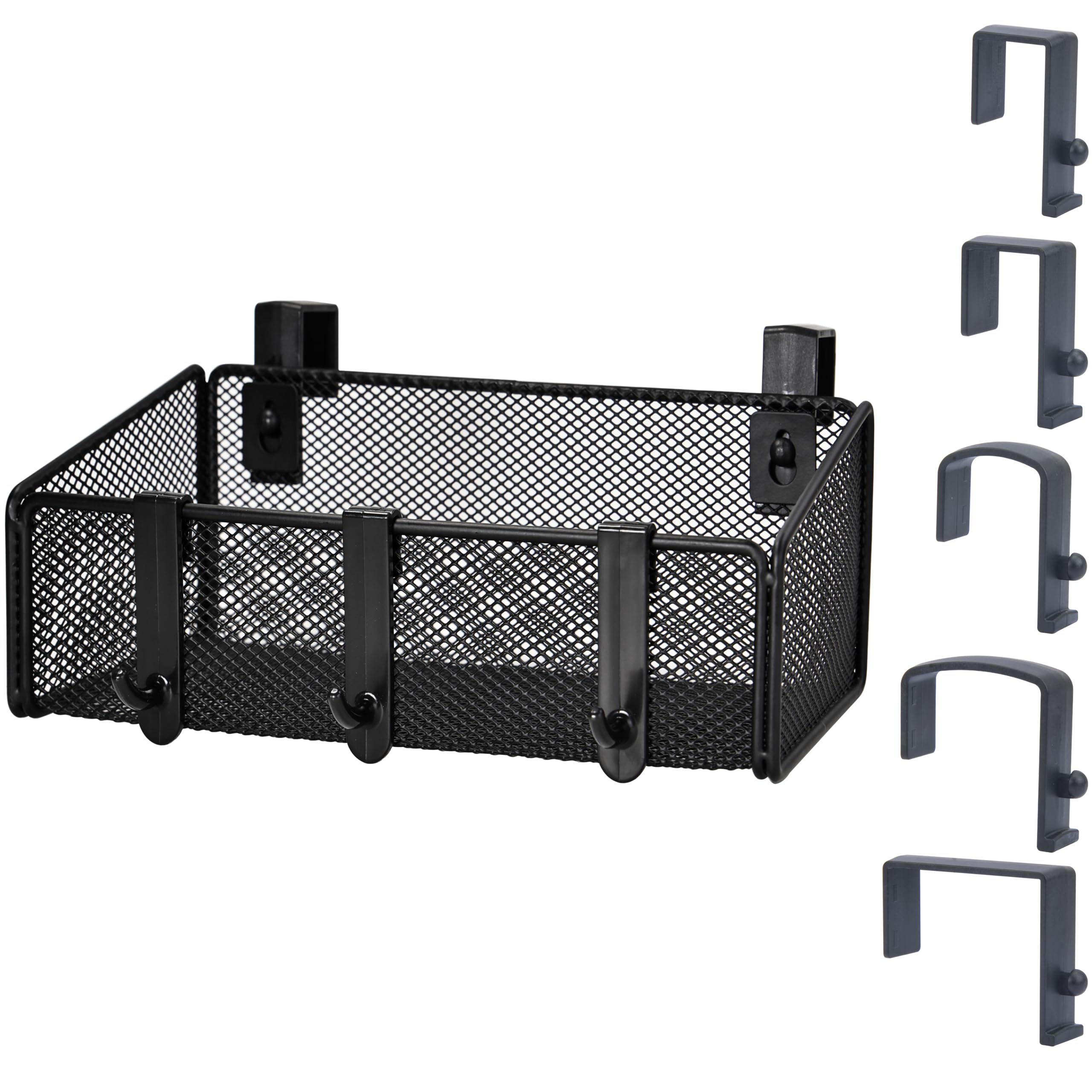 JDYOOMI Bedside Caddy Shelf Hanging Storage Basket for Bunk Bed, Office Cubical Walls, Baby Rails, College Dorm Organizer - 5 Pairs Sized Hooks for Phone, Glass, Magazine, Decor (Black)