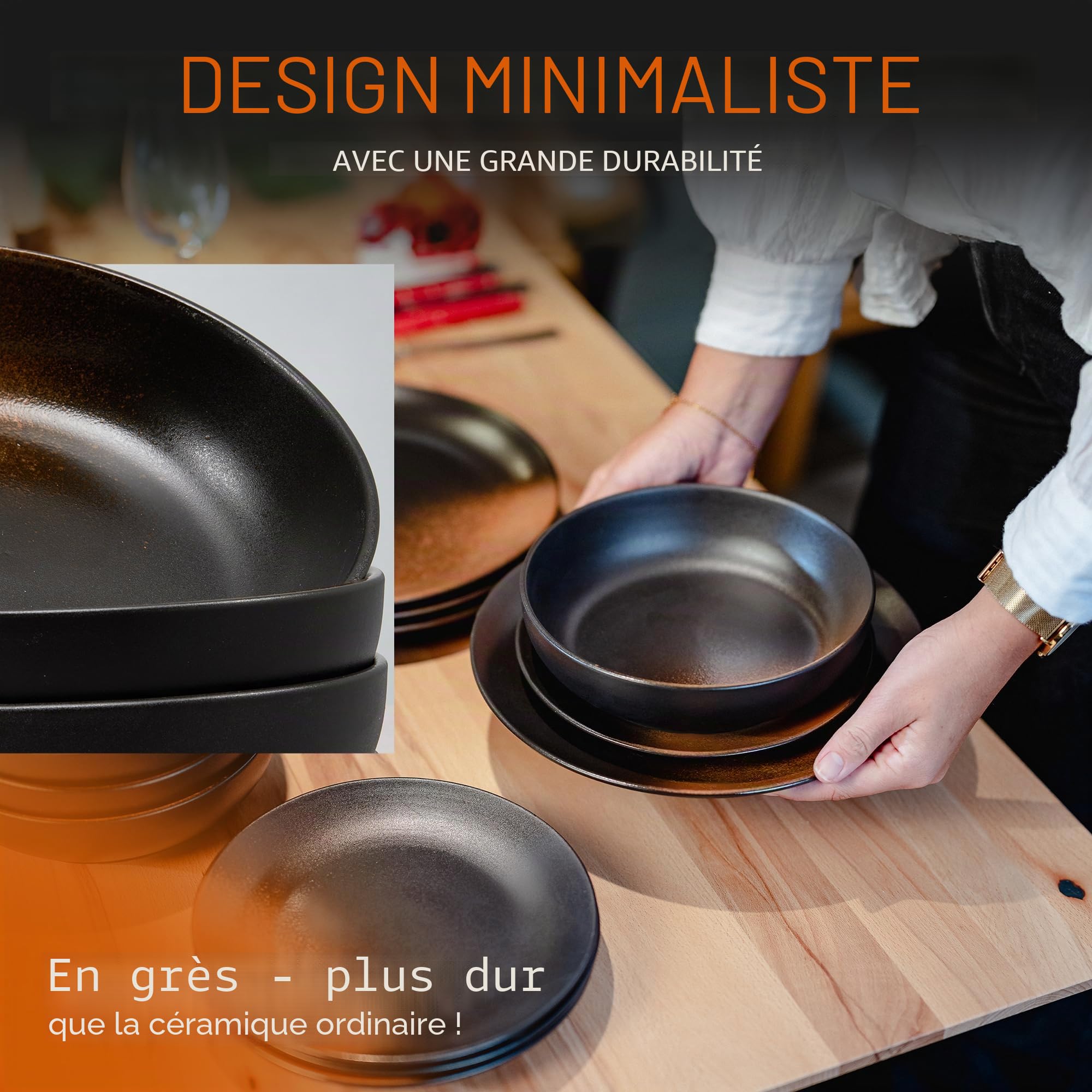Service de table 12 pièces en grès – Ligne Prairie – Design élégant dans une teinte marron/noir, service composé de 4 assiettes plates, 4 assiettes à dessert et 4 assiettes creuses/collection