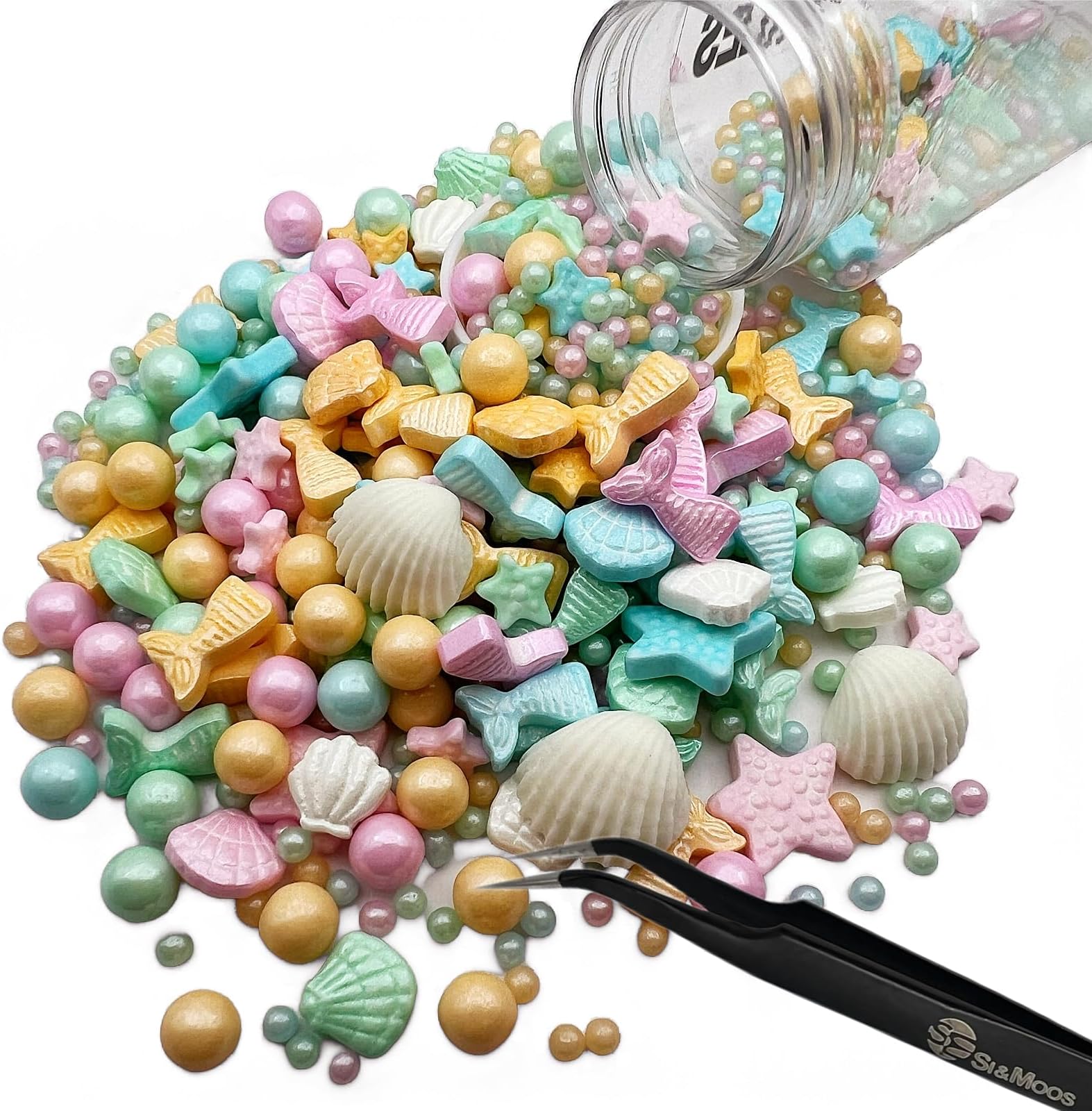 SE Si&Moos Edible Mermaid and Shell Sprinkles Mermaid Cupcake Toppers Mermaid Cake Decorations Beach Cake Decoration Shower Party Birthday Holiday Supplies 3.5 OZ with Tweezers