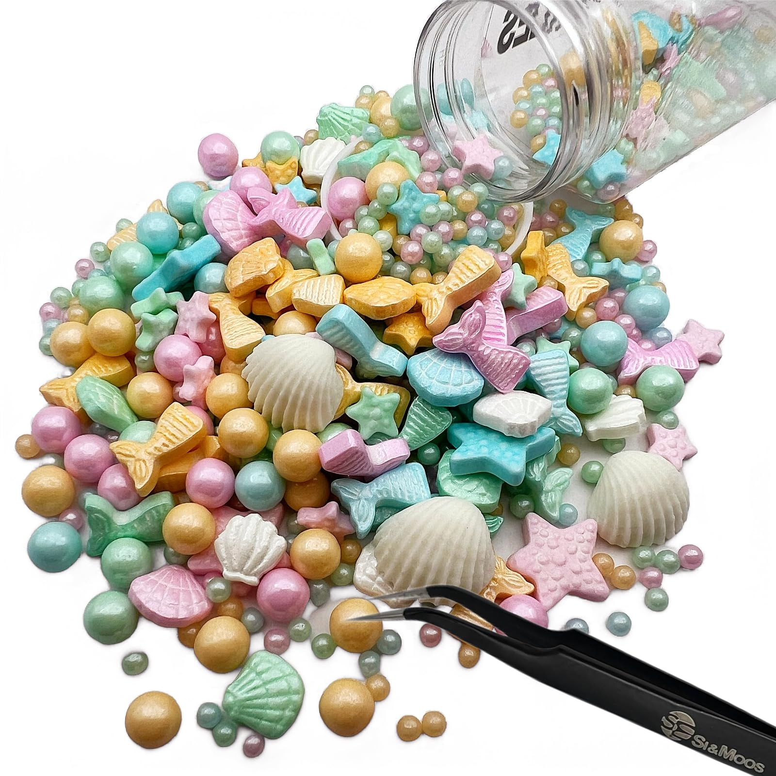 SE Si&Moos Edible Mermaid and Shell Sprinkles Mermaid Cupcake Toppers Mermaid Cake Decorations Beach Cake Decoration Shower Party Birthday Holiday Supplies 3.5 OZ with Tweezers